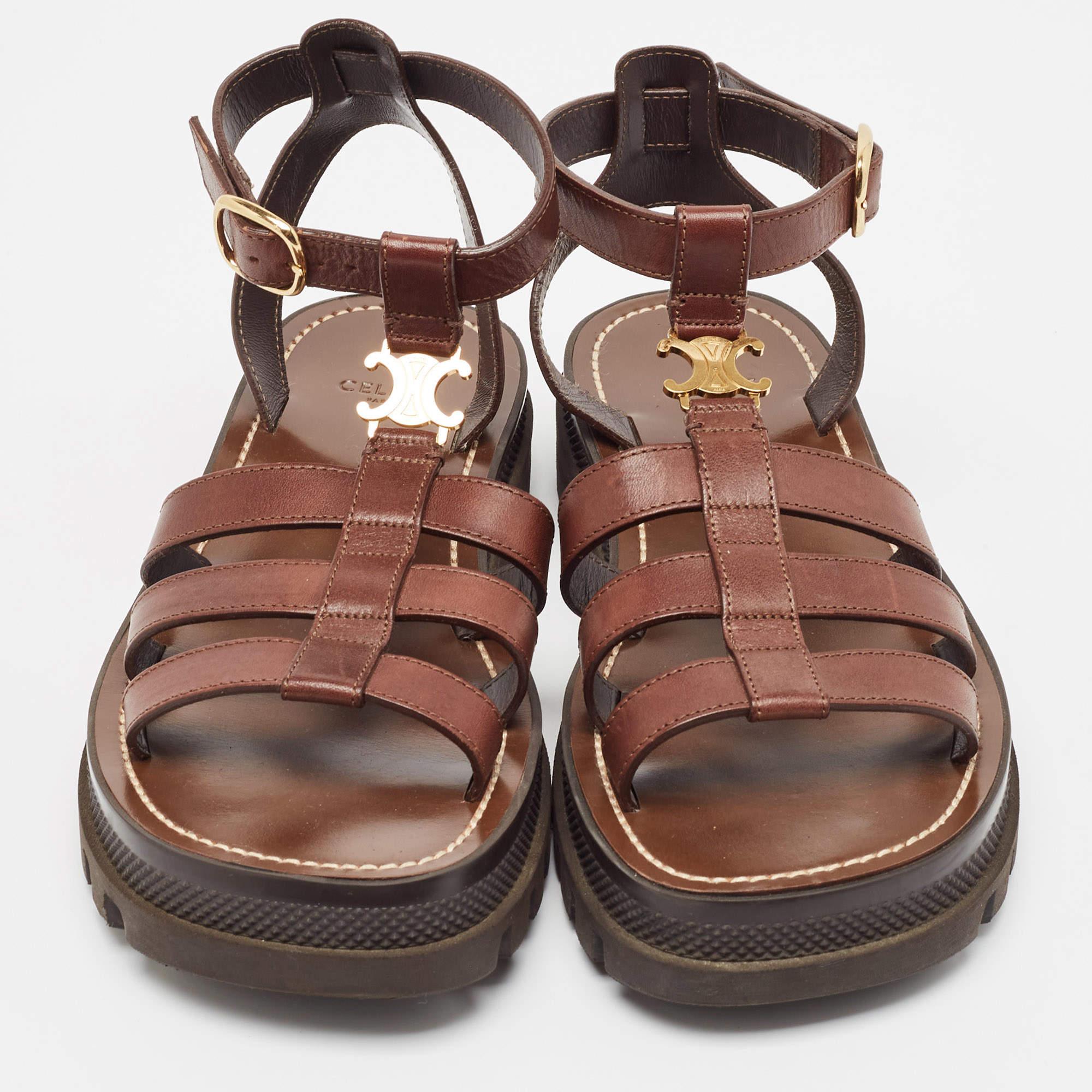 Black Celine Brown Leather Triomphe Flat Sandals Size 38