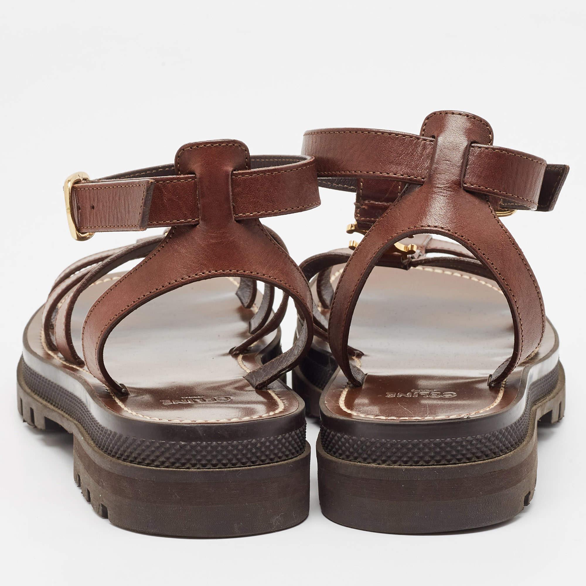 Women's Celine Brown Leather Triomphe Flat Sandals Size 38