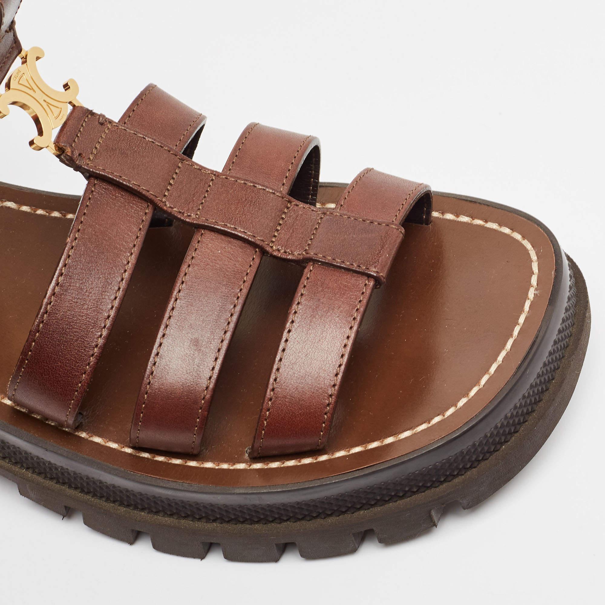 Celine Brown Leather Triomphe Flat Sandals Size 38 2