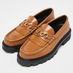 Celine Brown Leather Triomphe Frame Margaret Fringe Slip On Loafers Size 38