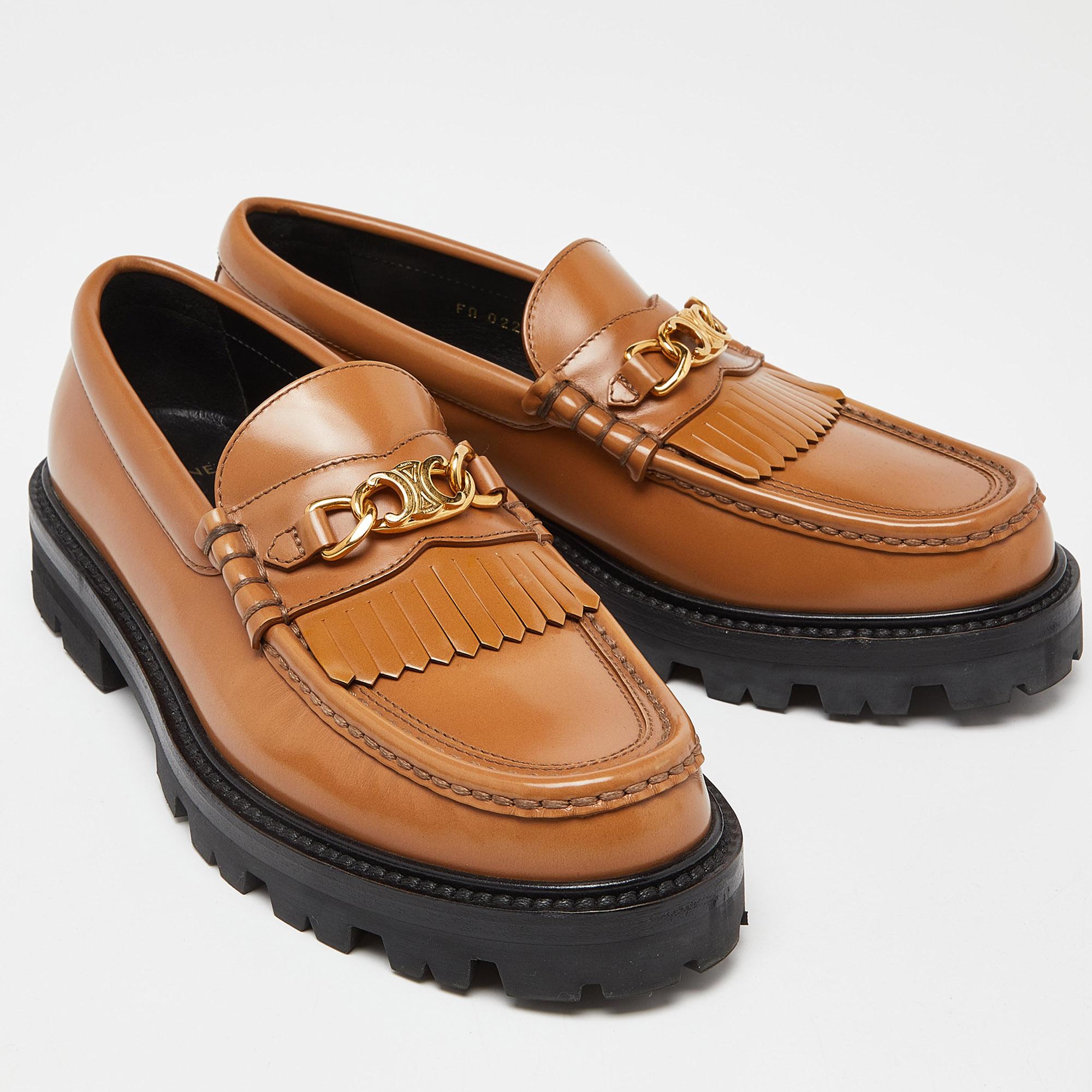 Women's Celine Brown Leather Triomphe Frame Margaret Fringe Slip On Loafers Size 38