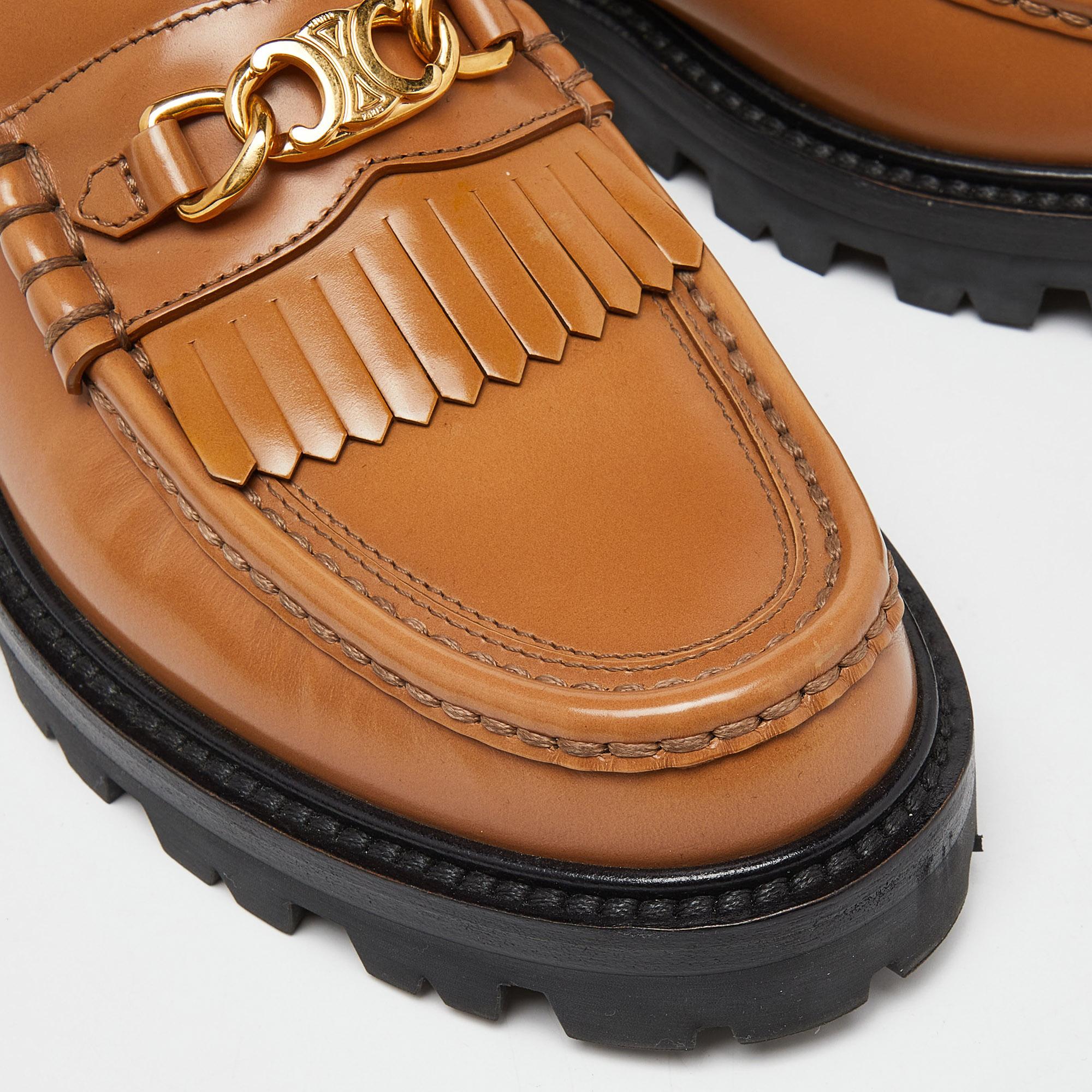 Celine Brown Leather Triomphe Frame Margaret Fringe Slip On Loafers Size 38 3