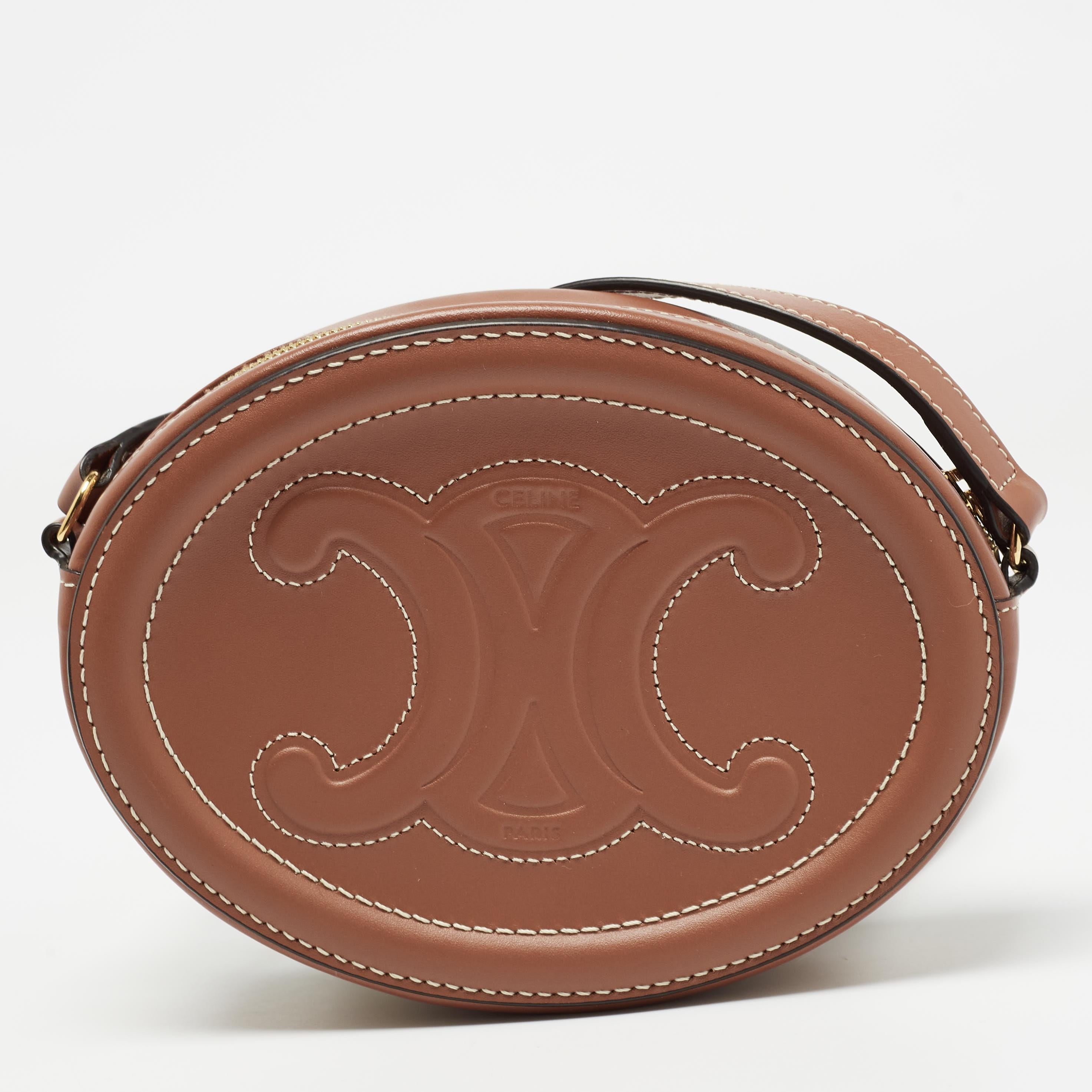 Women's Celine Brown Leather Triomphe Oval Crossbody Bag