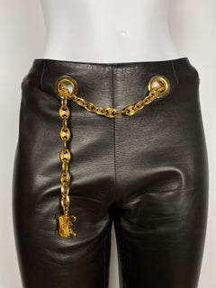 CÉLINE Brown Leather Trousers with Gold Chain, 1990s