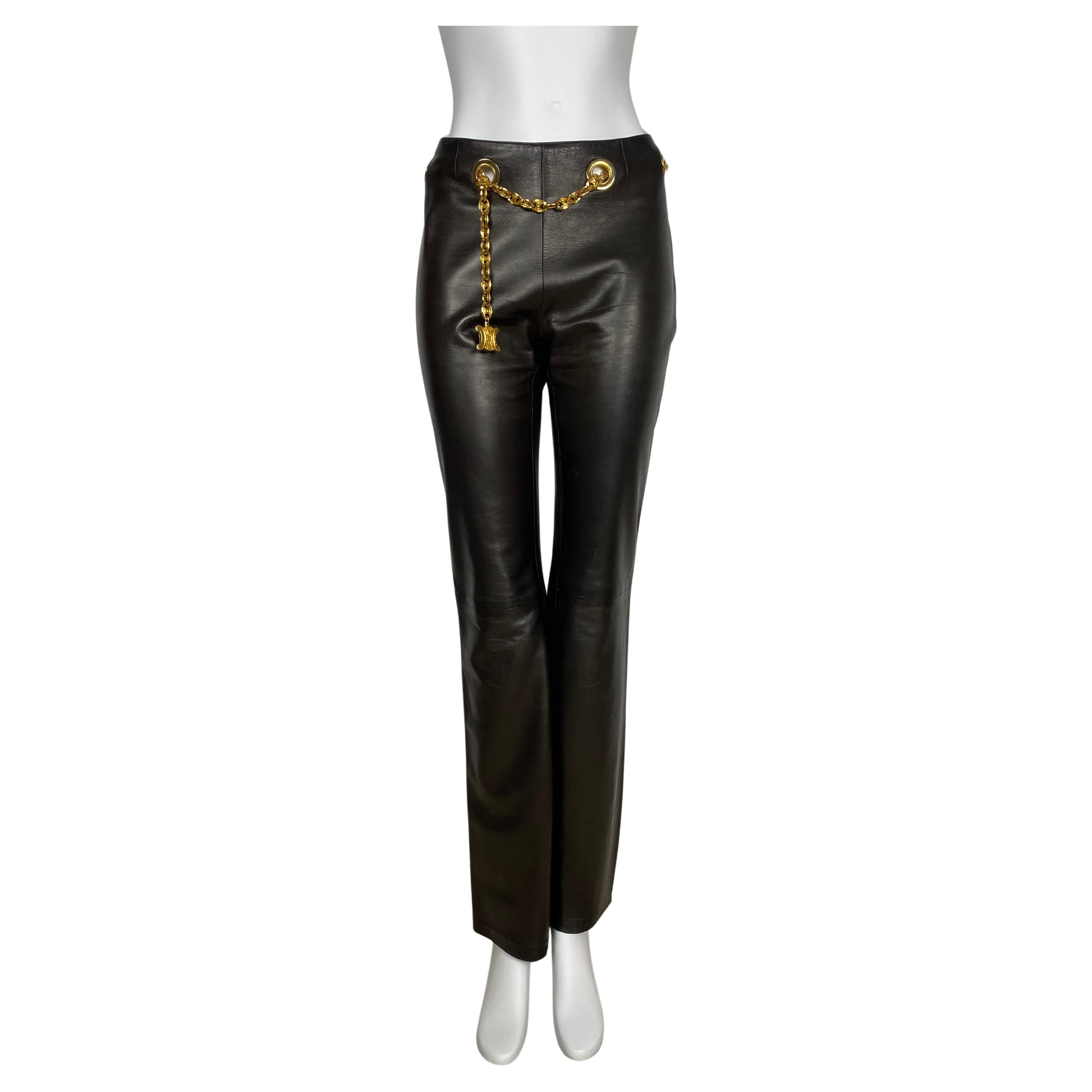 CÉLINE Brown Leather Trousers with Gold Chain, 1990s en venta
