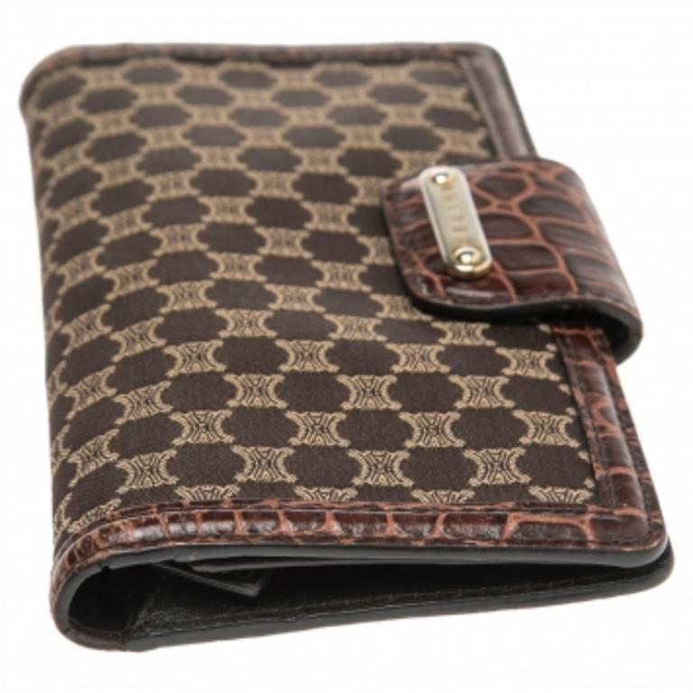 Black Celine Brown Macadam Canvas and Croc Embossed Leather French Wallet
