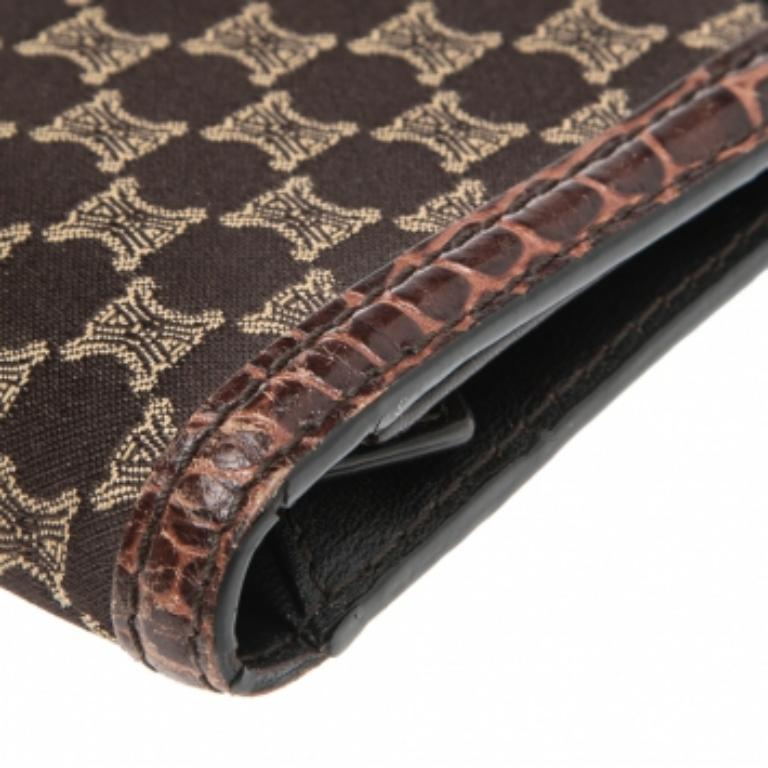 Celine Brown Macadam Canvas and Croc Embossed Leather French Wallet In Good Condition In Dubai, Al Qouz 2