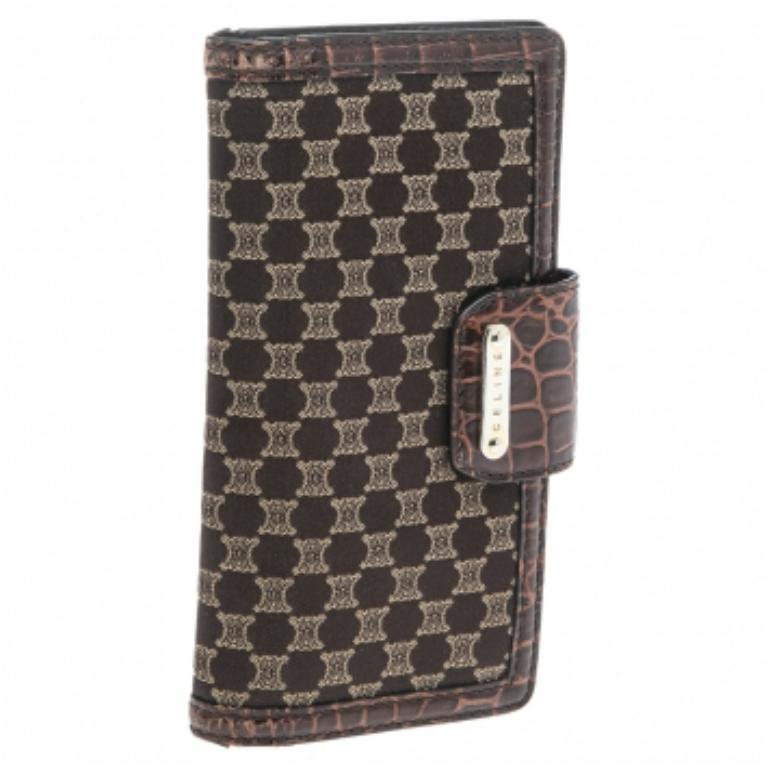 Celine Brown Macadam Canvas and Croc Embossed Leather French Wallet 2