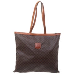 Antique Celine Brown Macadam Coated Canvas and Leather Tote