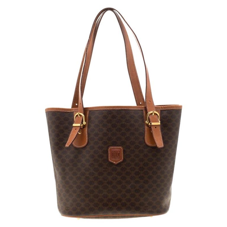 Celine Brown Macadam Coated Canvas and Leather Tote For Sale at 1stDibs