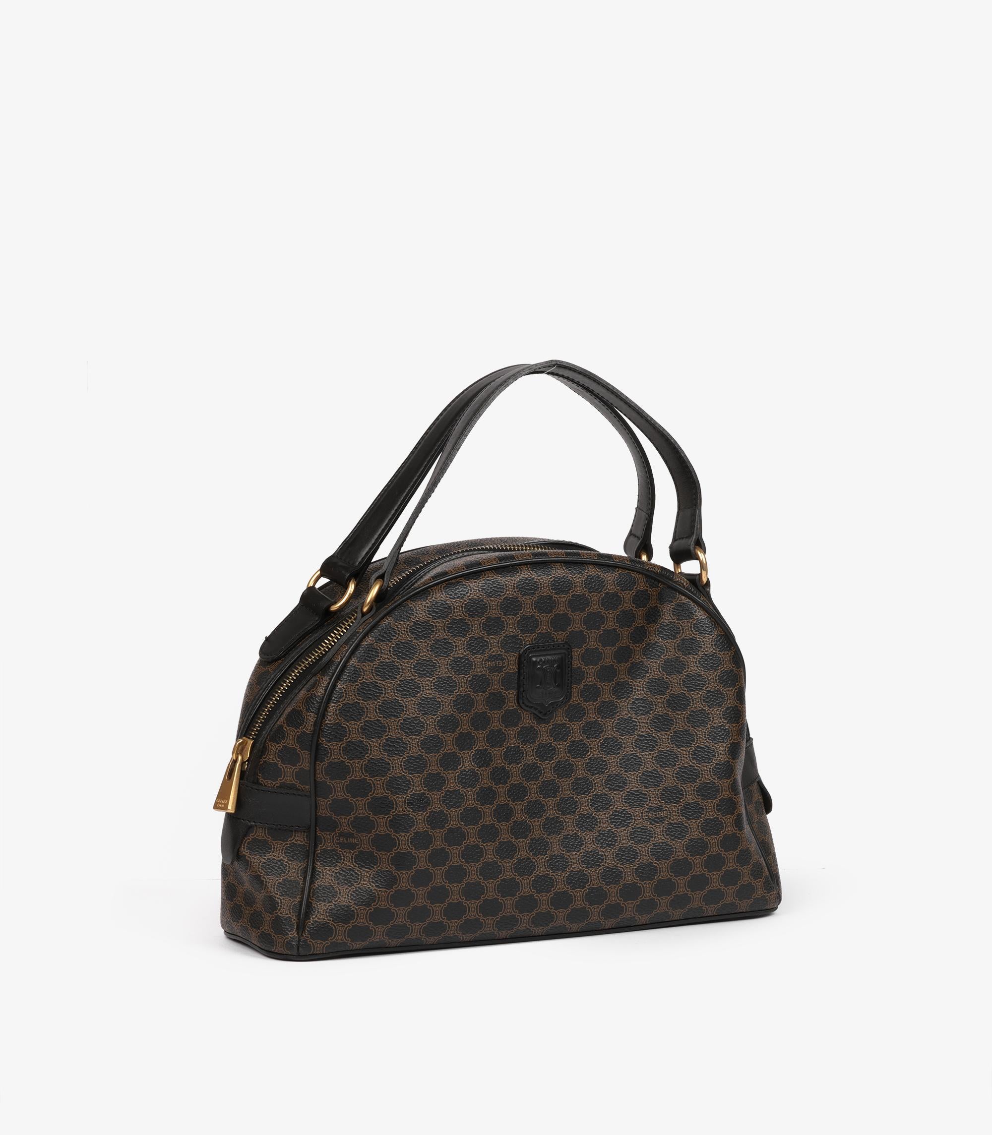 Celine Brown Macadam Coated Canvas & Black Calfskin Leather Vintage  Bowling Bag In Excellent Condition For Sale In Bishop's Stortford, Hertfordshire