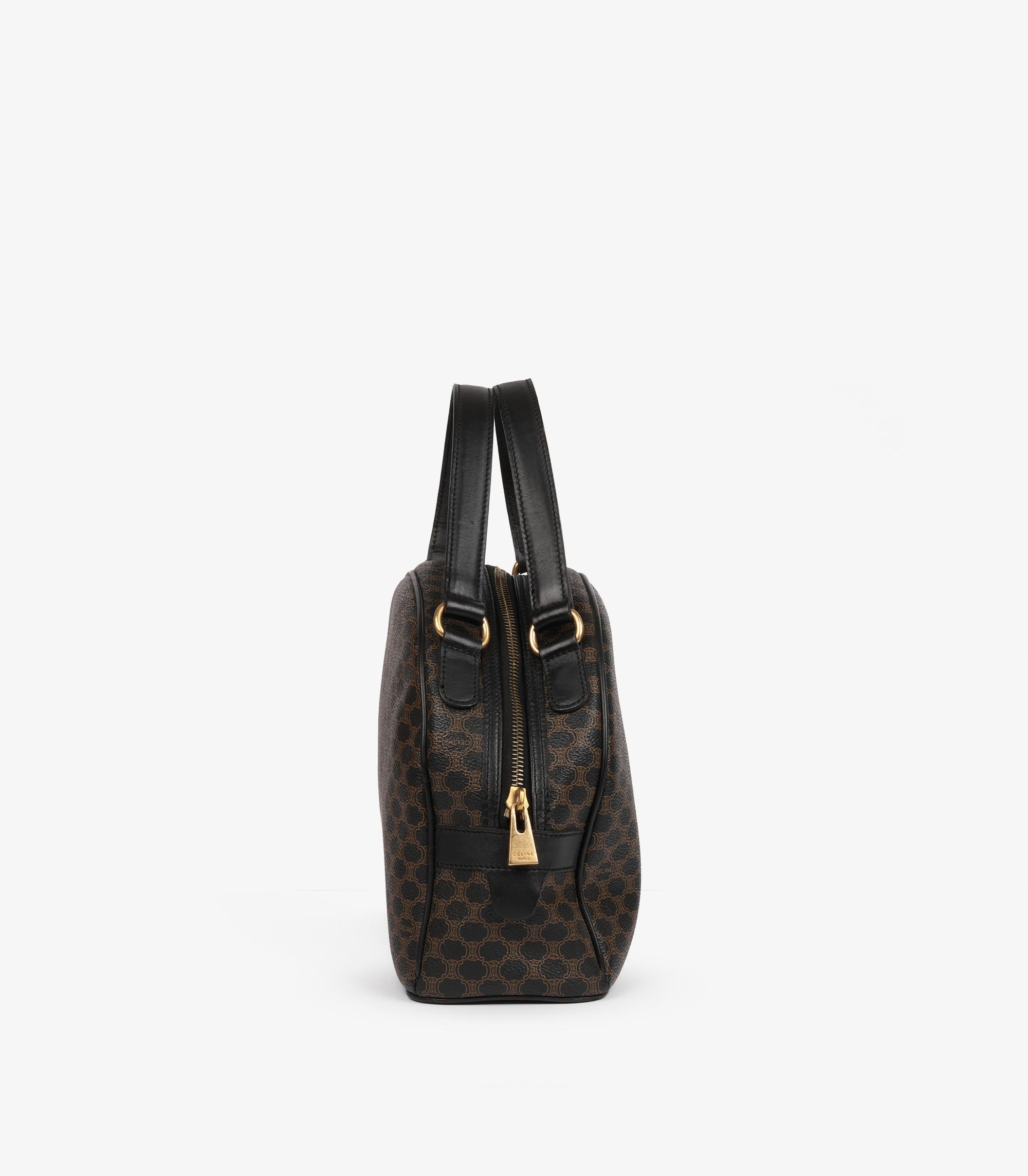 Women's or Men's Celine Brown Macadam Coated Canvas & Black Calfskin Leather Vintage  Bowling Bag For Sale