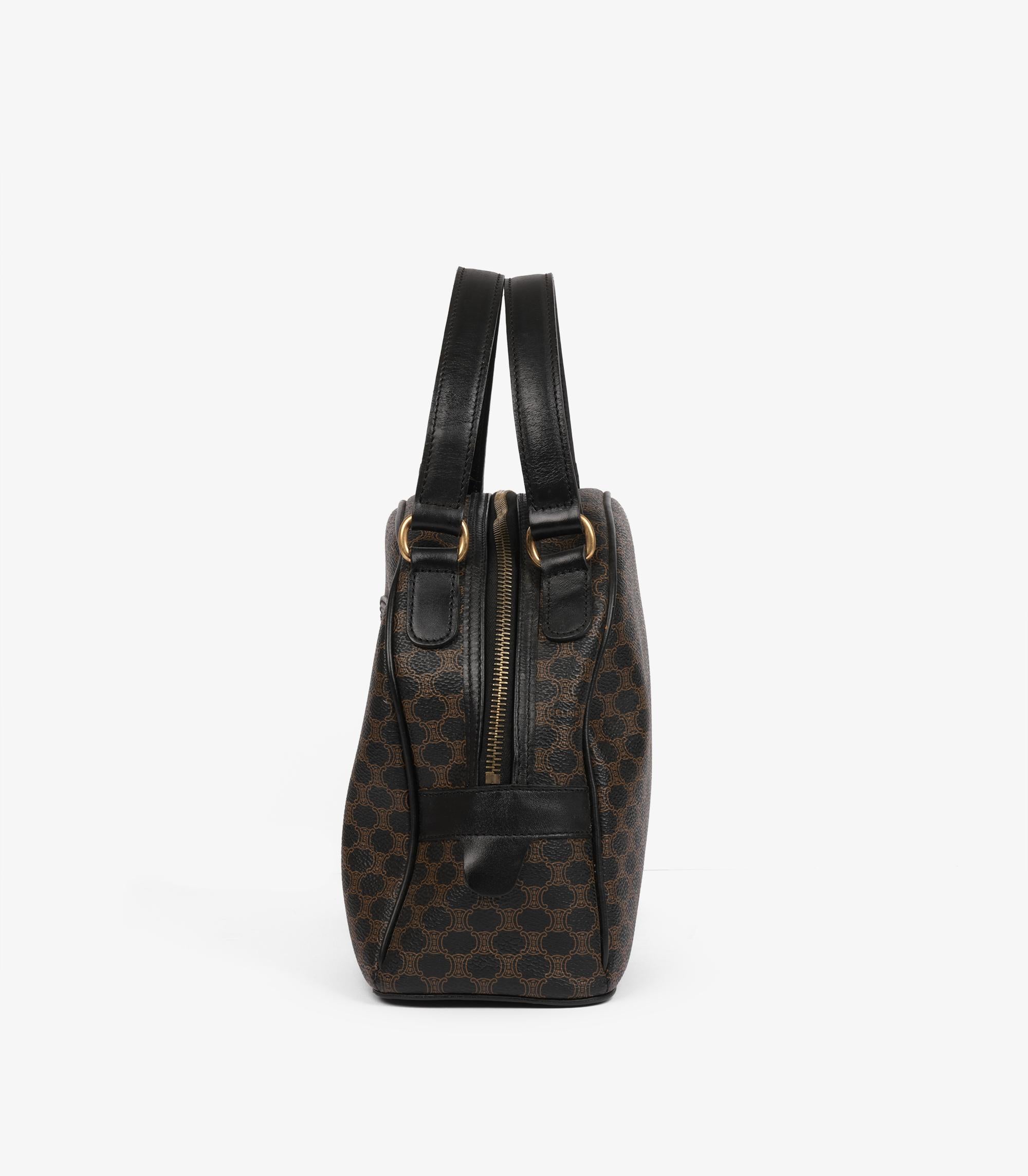 Celine Brown Macadam Coated Canvas & Black Calfskin Leather Vintage  Bowling Bag For Sale 2