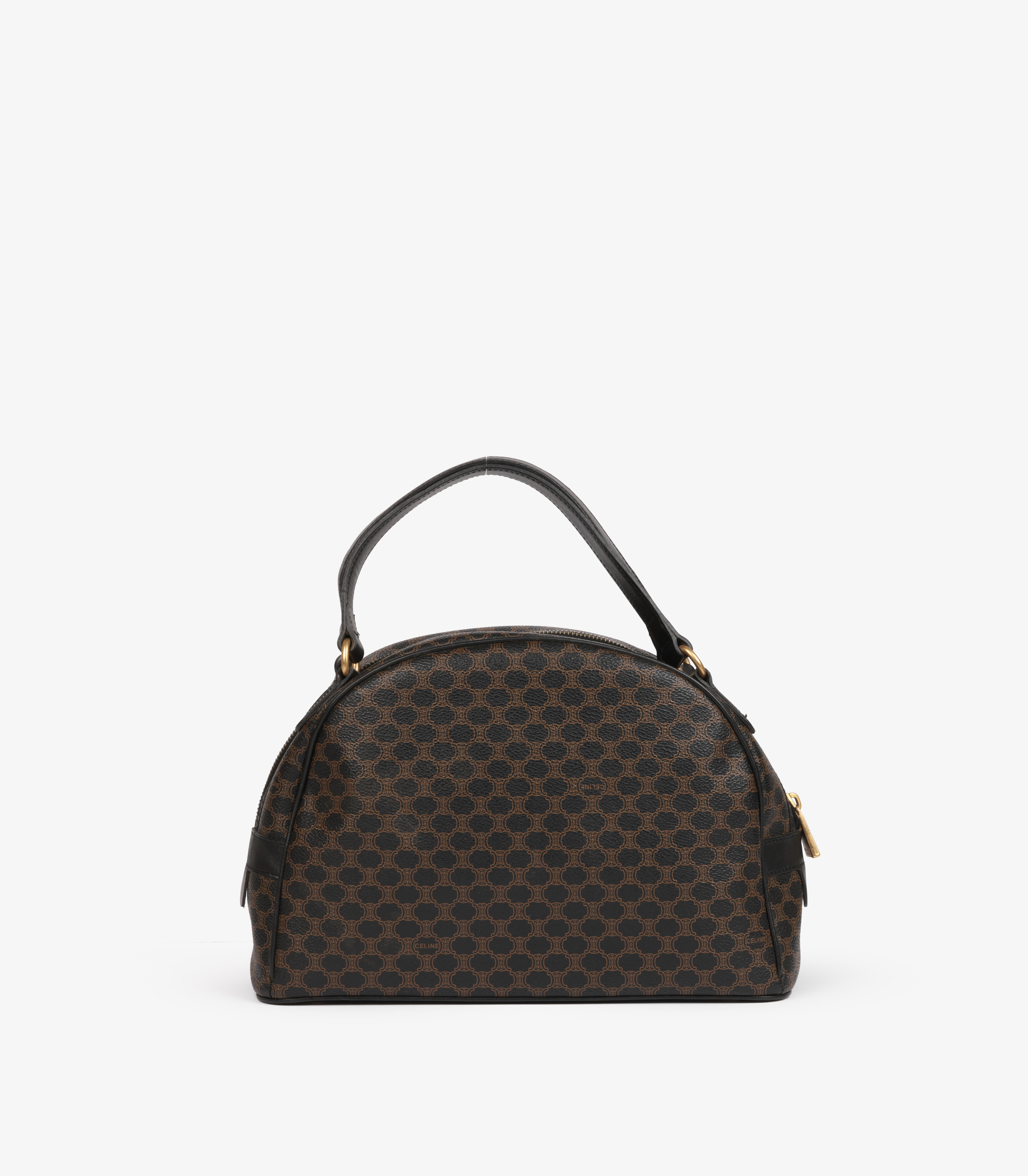 Celine Brown Macadam Coated Canvas & Black Calfskin Leather Vintage  Bowling Bag For Sale 3