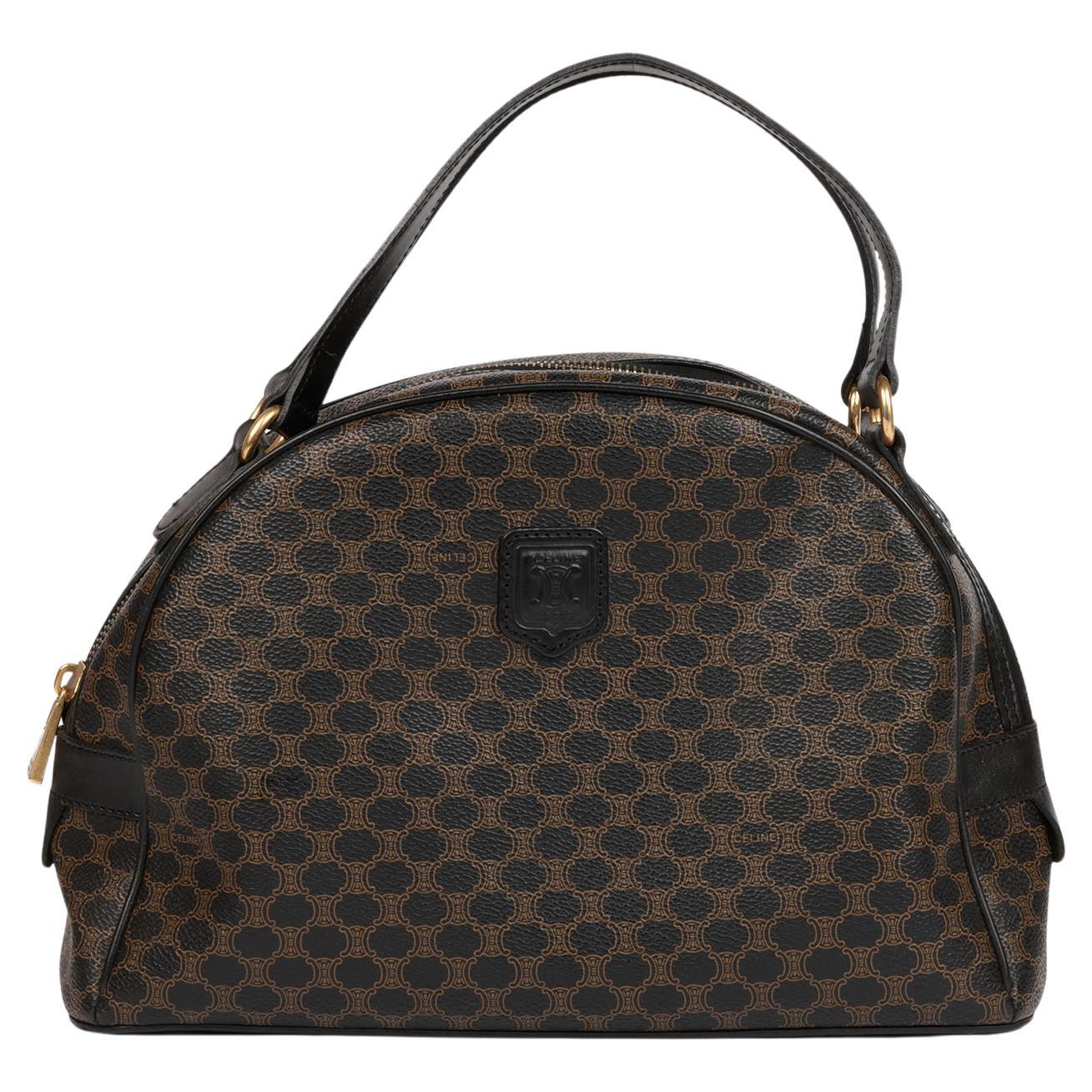 Celine Brown Macadam Coated Canvas & Black Calfskin Leather Vintage  Bowling Bag For Sale