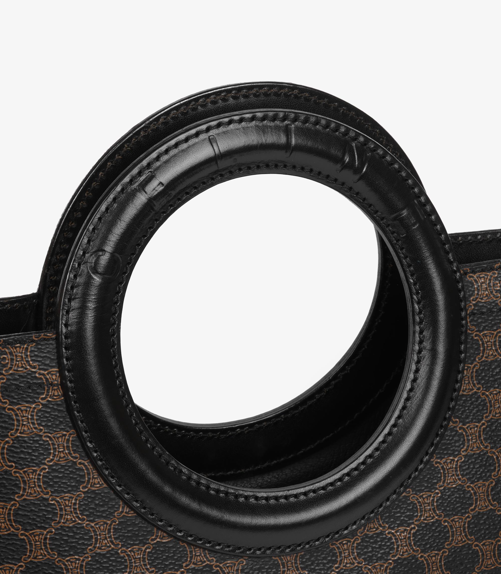 Celine Brauner macadambeschichteter Segeltuchstoff und schwarzes Kalbsleder Vintage Ring Tote 5