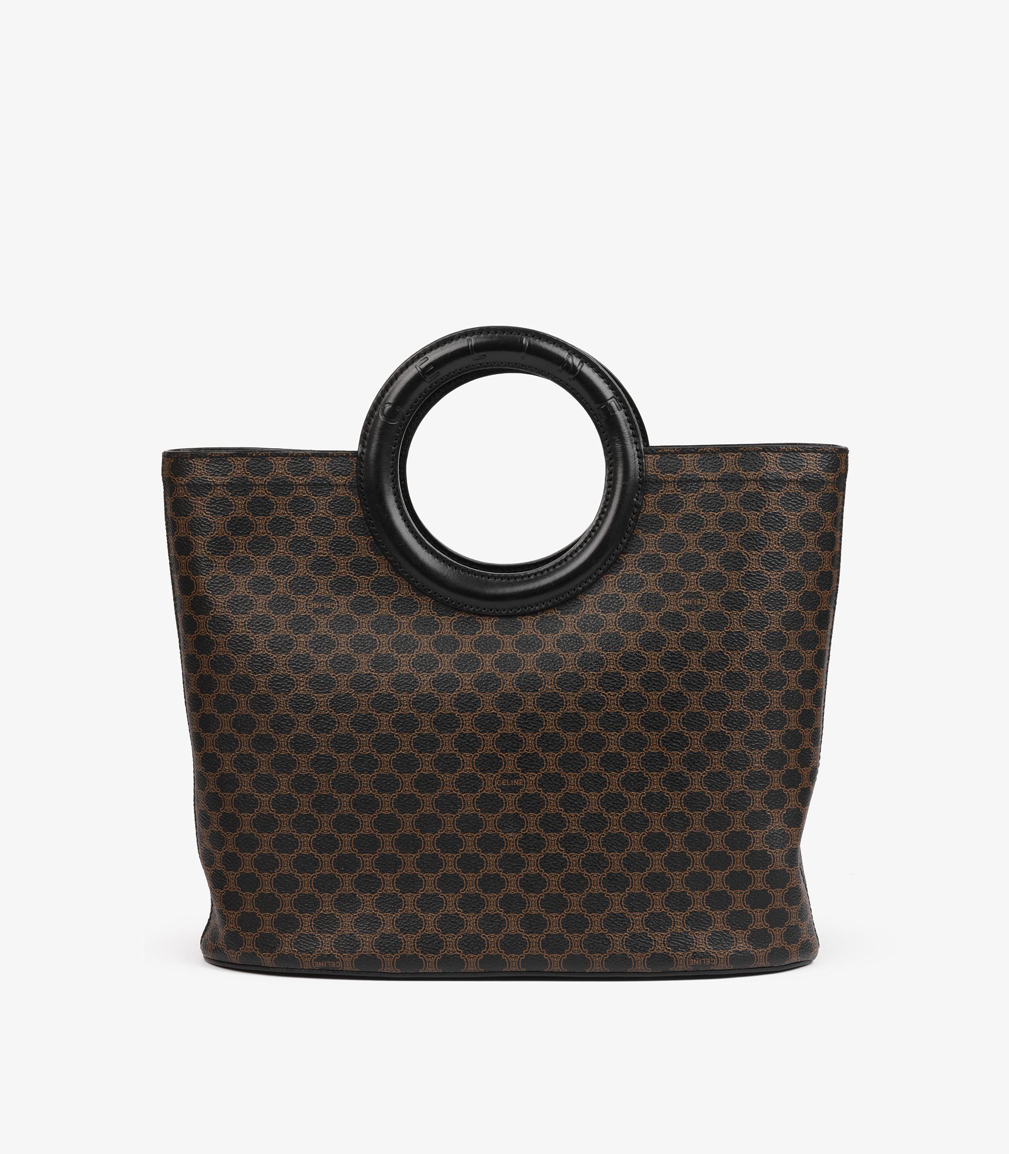 Celine Brauner macadambeschichteter Segeltuchstoff und schwarzes Kalbsleder Vintage Ring Tote im Zustand „Hervorragend“ in Bishop's Stortford, Hertfordshire