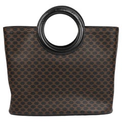 Celine Brauner macadambeschichteter Segeltuchstoff und schwarzes Kalbsleder Vintage Ring Tote
