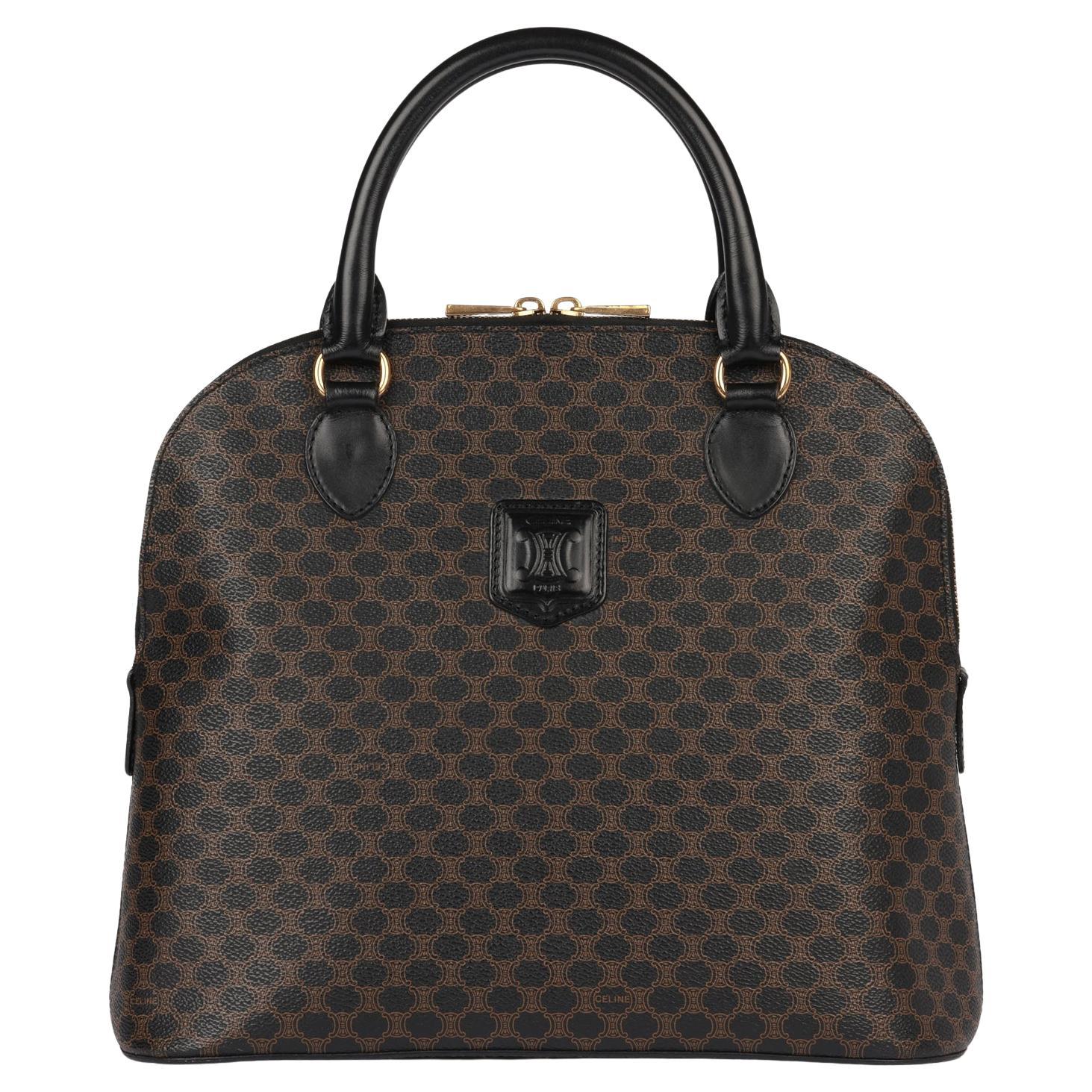 Celine Brown Macadam Coated Canvas 
Black Calfskin Leather Vintage Tote