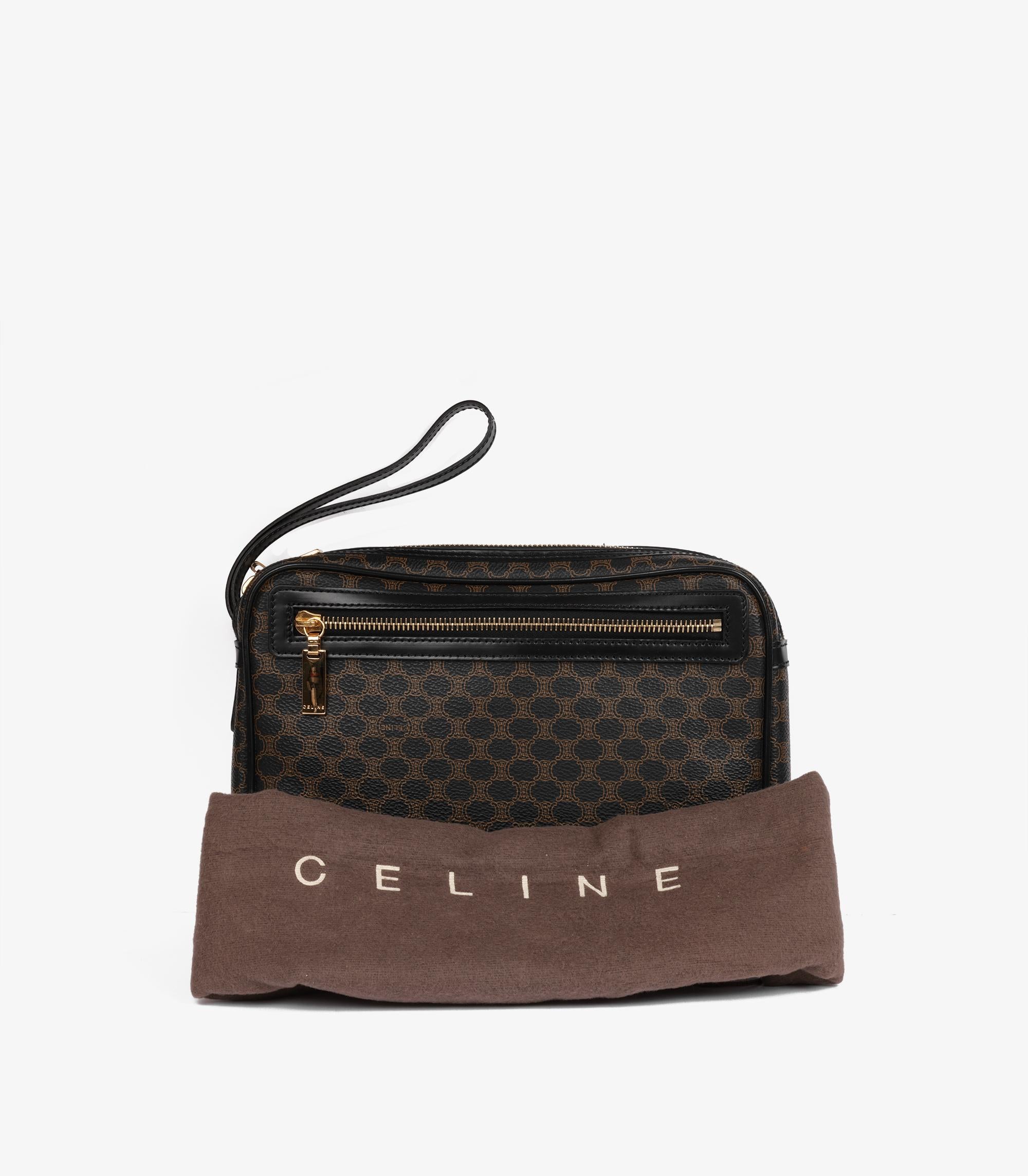 Celine Brown Macadam Coated Canvas & Black Leather Vintage Wristlet Clutch For Sale 6