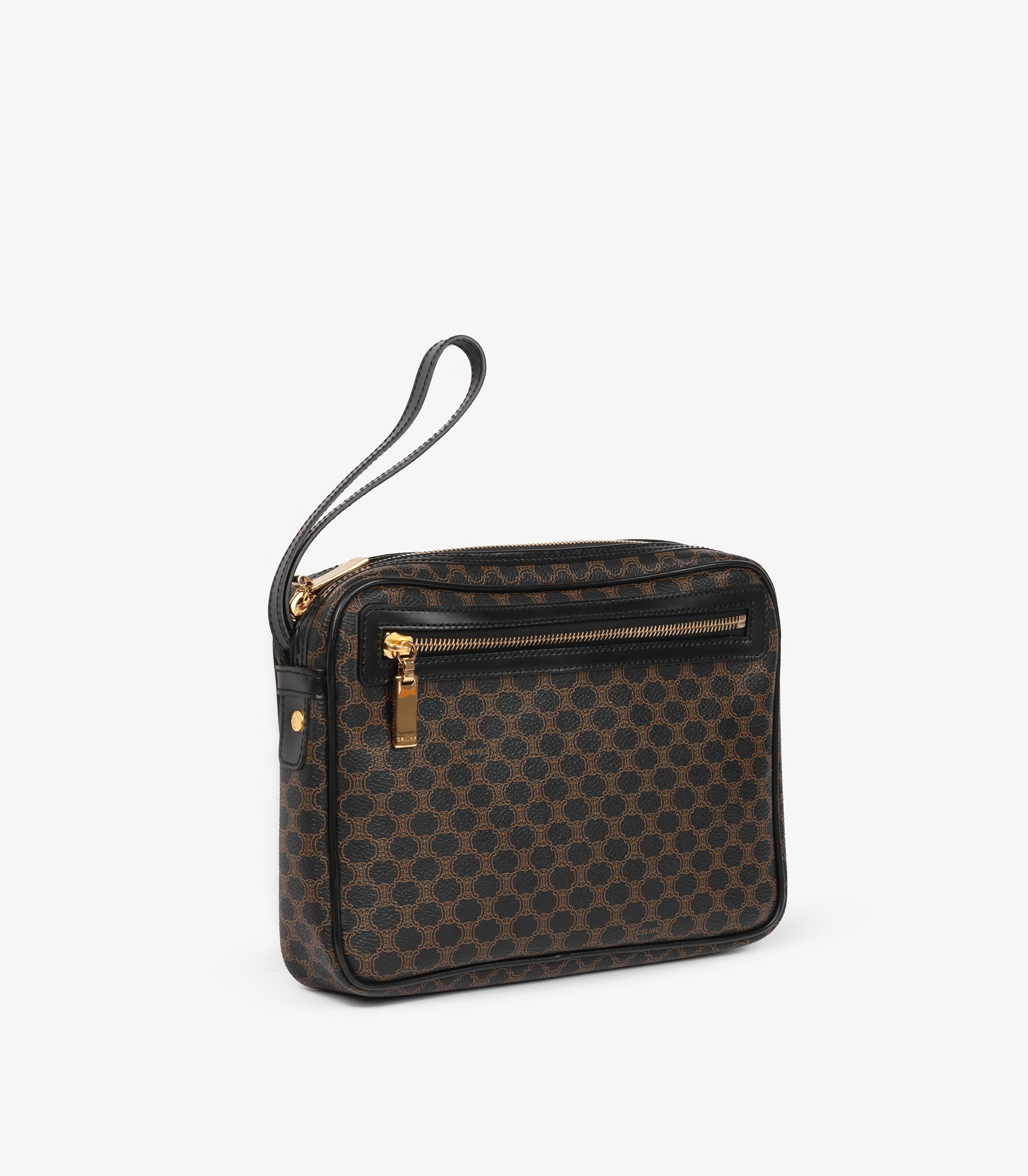 Celine Brown Macadam Coated Canvas & Black Leather Vintage Wristlet Clutch In Excellent Condition For Sale In Bishop's Stortford, Hertfordshire