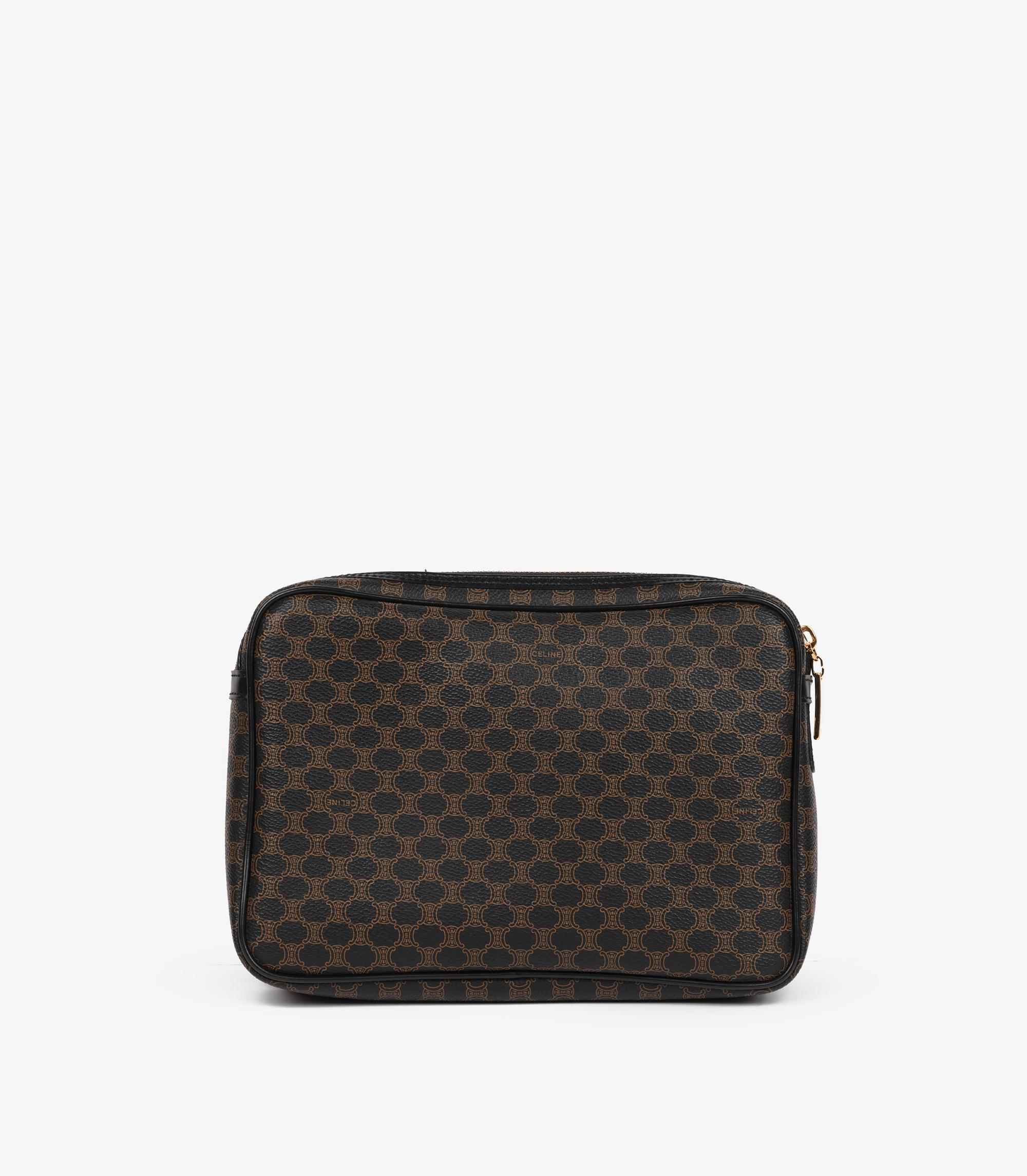 Women's or Men's Celine Brown Macadam Coated Canvas & Black Leather Vintage Wristlet Clutch For Sale