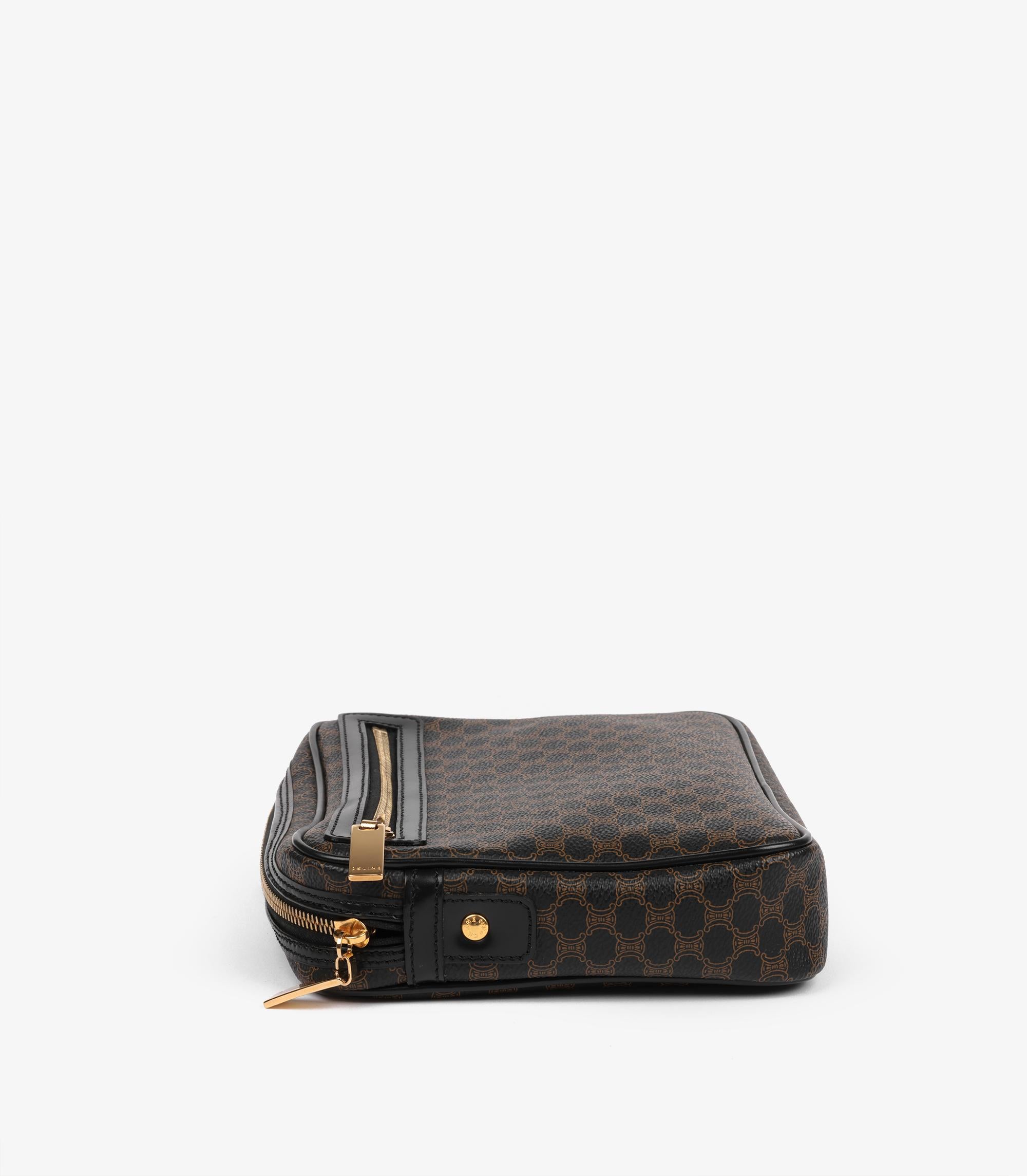 Celine Brown Macadam Coated Canvas & Black Leather Vintage Wristlet Clutch For Sale 1