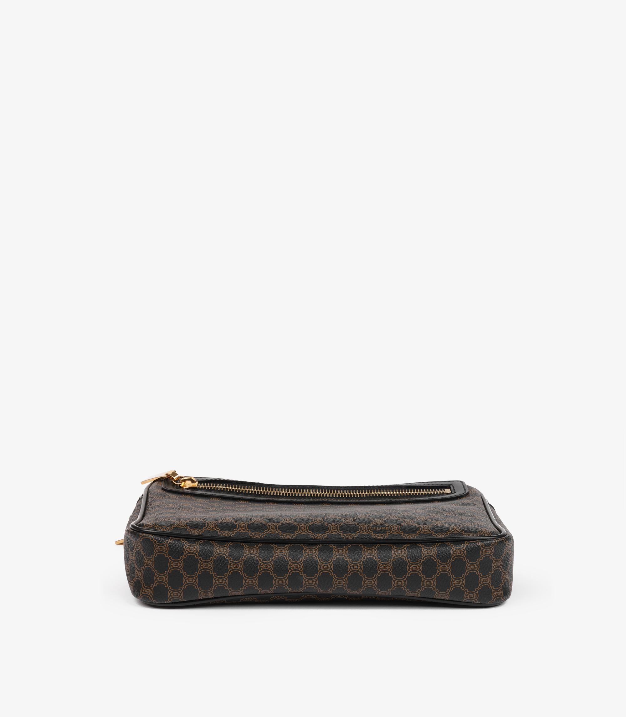 Celine Brown Macadam Coated Canvas & Black Leather Vintage Wristlet Clutch For Sale 2