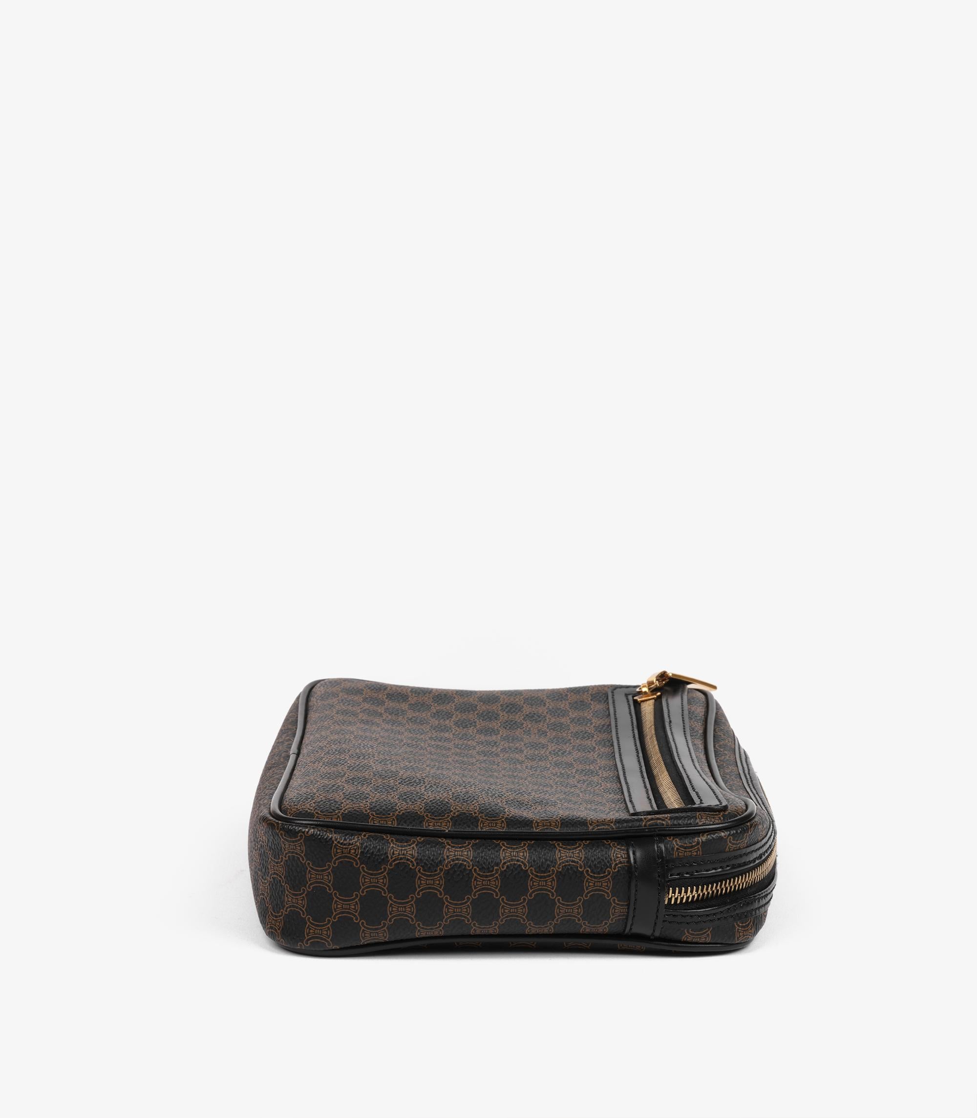 Celine Brown Macadam Coated Canvas & Black Leather Vintage Wristlet Clutch For Sale 3