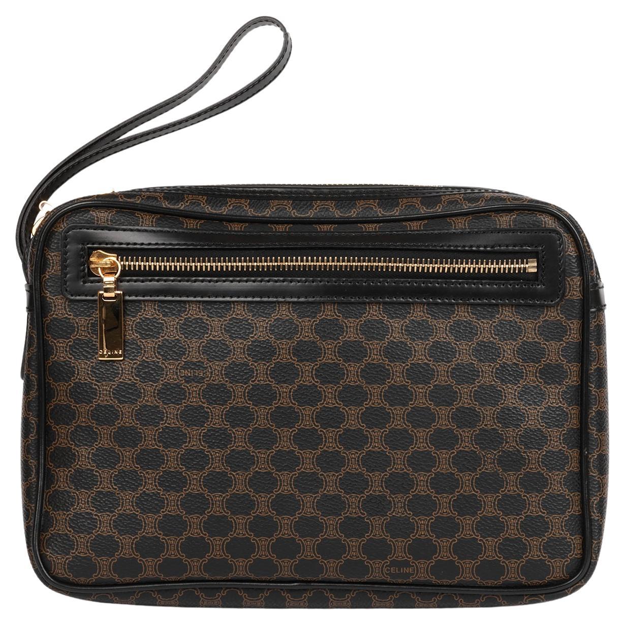 Celine Brown Macadam Coated Canvas & Black Leather Vintage Wristlet Clutch For Sale