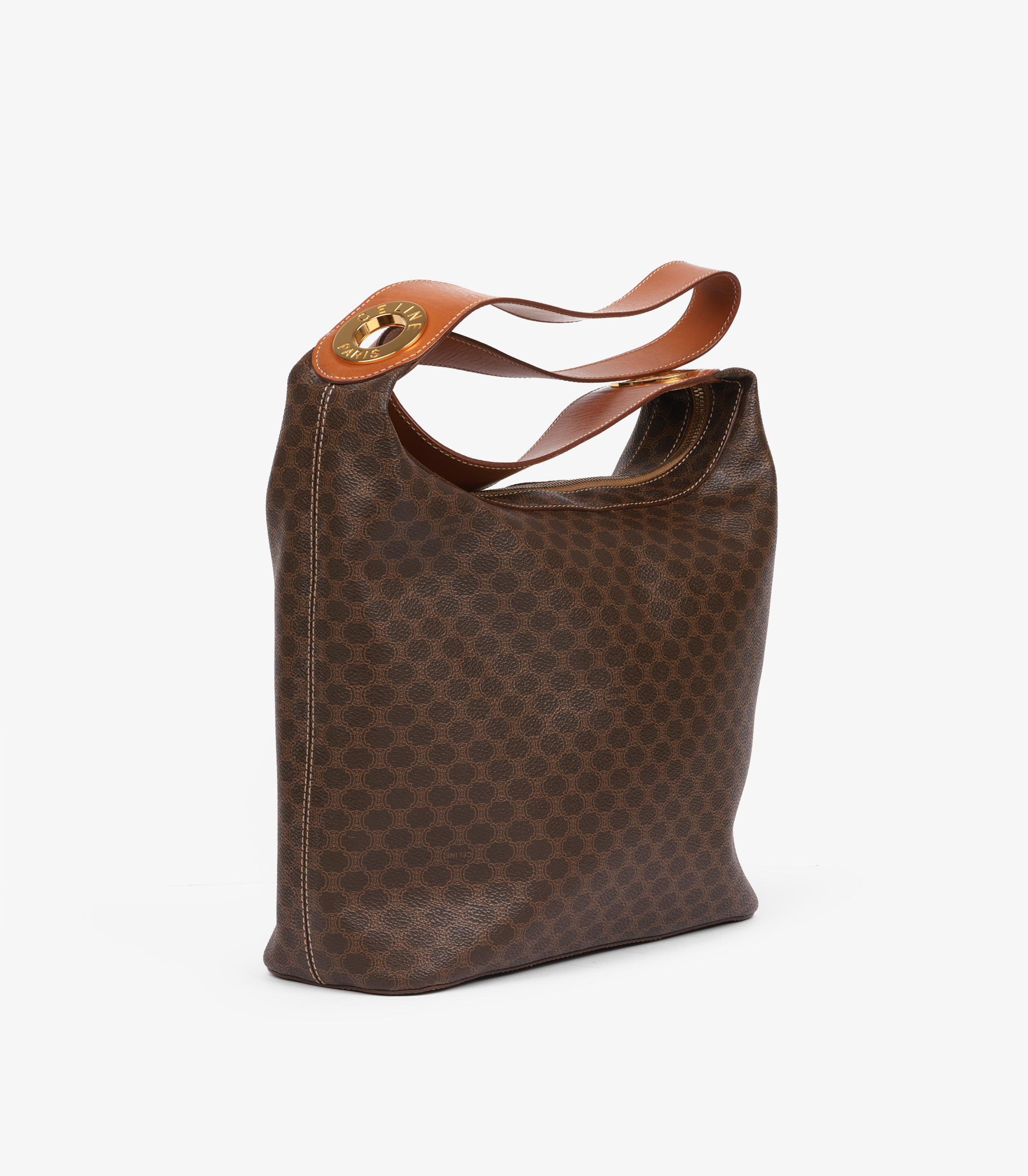 Gray Celine Brown Macadam Coated Canvas & Calfskin Leather Vintage Shoulder Bag For Sale