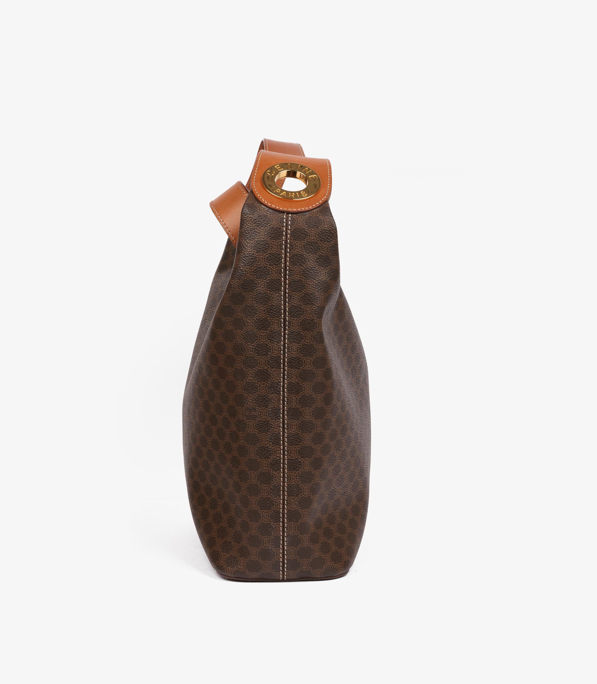 Celine Brown Macadam Coated Canvas & Calfskin Leather Vintage Shoulder Bag In Excellent Condition For Sale In Bishop's Stortford, Hertfordshire