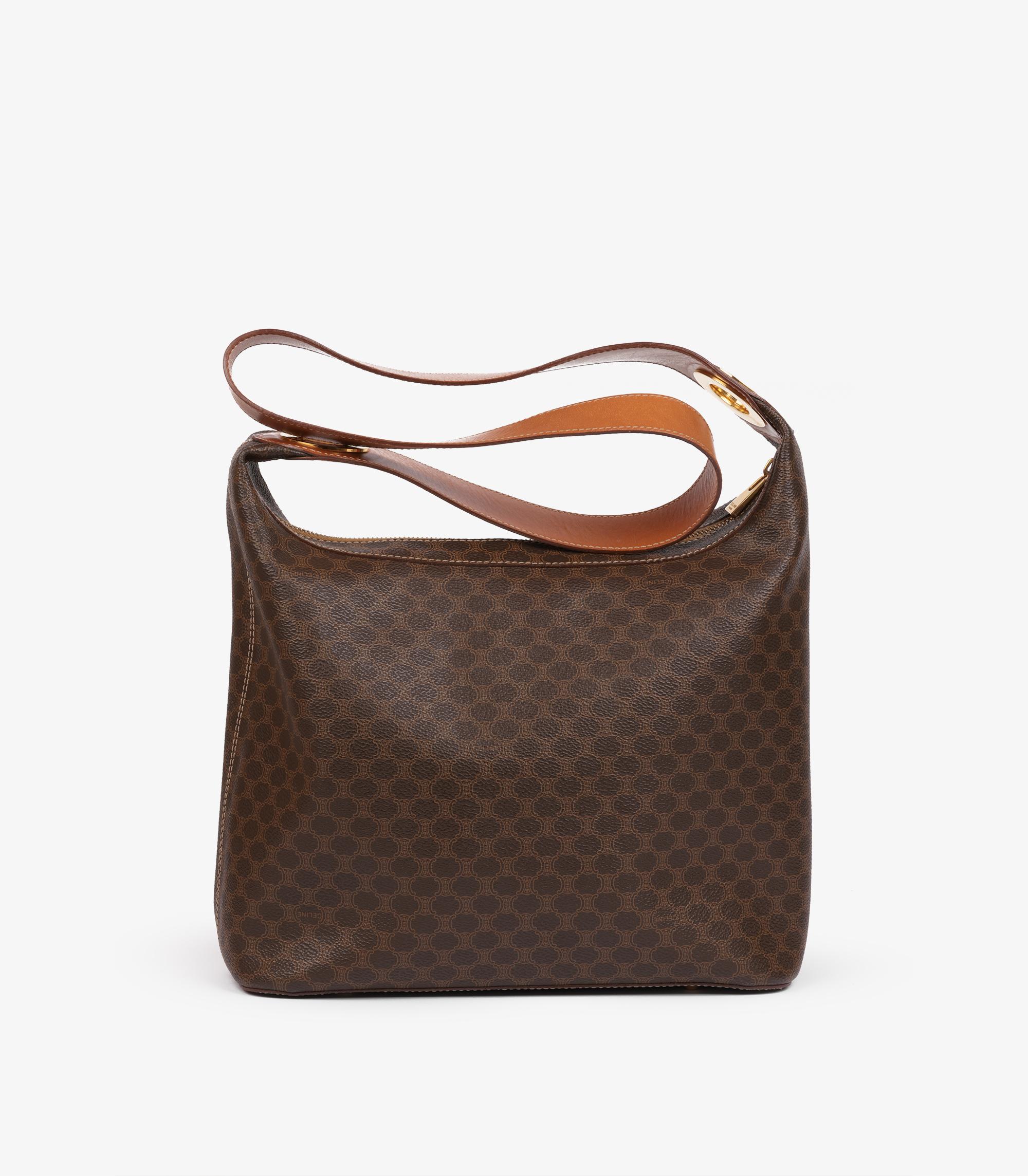 Women's or Men's Celine Brown Macadam Coated Canvas & Calfskin Leather Vintage Shoulder Bag For Sale