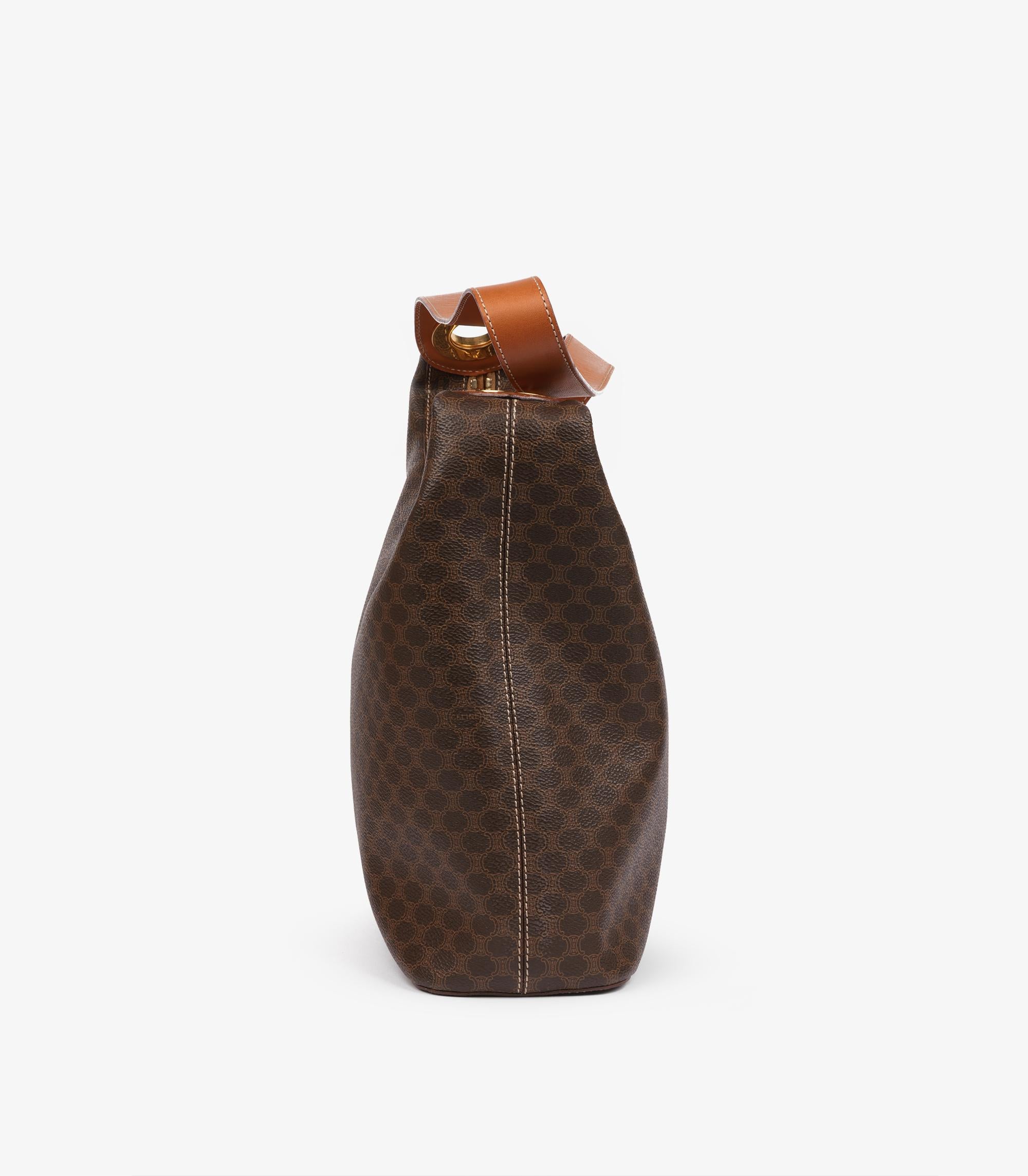 Celine Brown Macadam Coated Canvas & Calfskin Leather Vintage Shoulder Bag For Sale 1