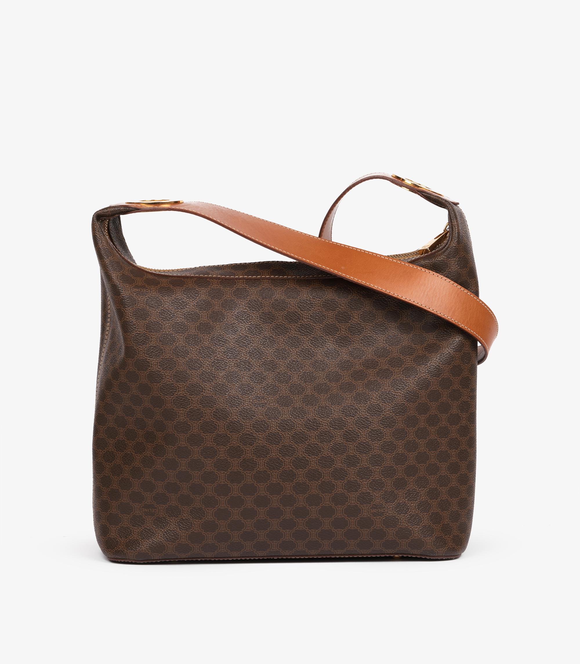 Celine Brown Macadam Coated Canvas & Calfskin Leather Vintage Shoulder Bag For Sale