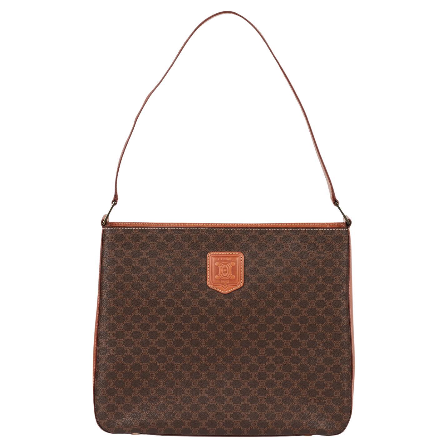 Celine Sac à bandoulière vintage en toile macadam et cuir de veau marron