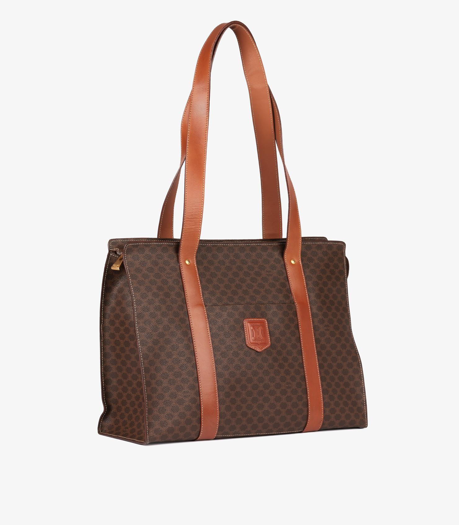 Bolso de hombro vintage Celine de lona recubierta de macadán marrón y piel de becerro Gris en venta