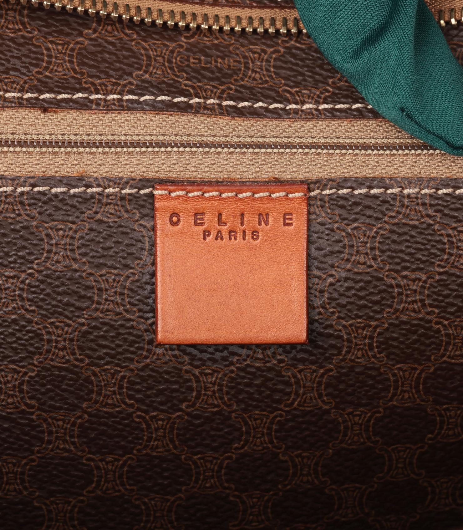 Bolso de hombro vintage Celine de lona recubierta de macadán marrón y piel de becerro en venta 2