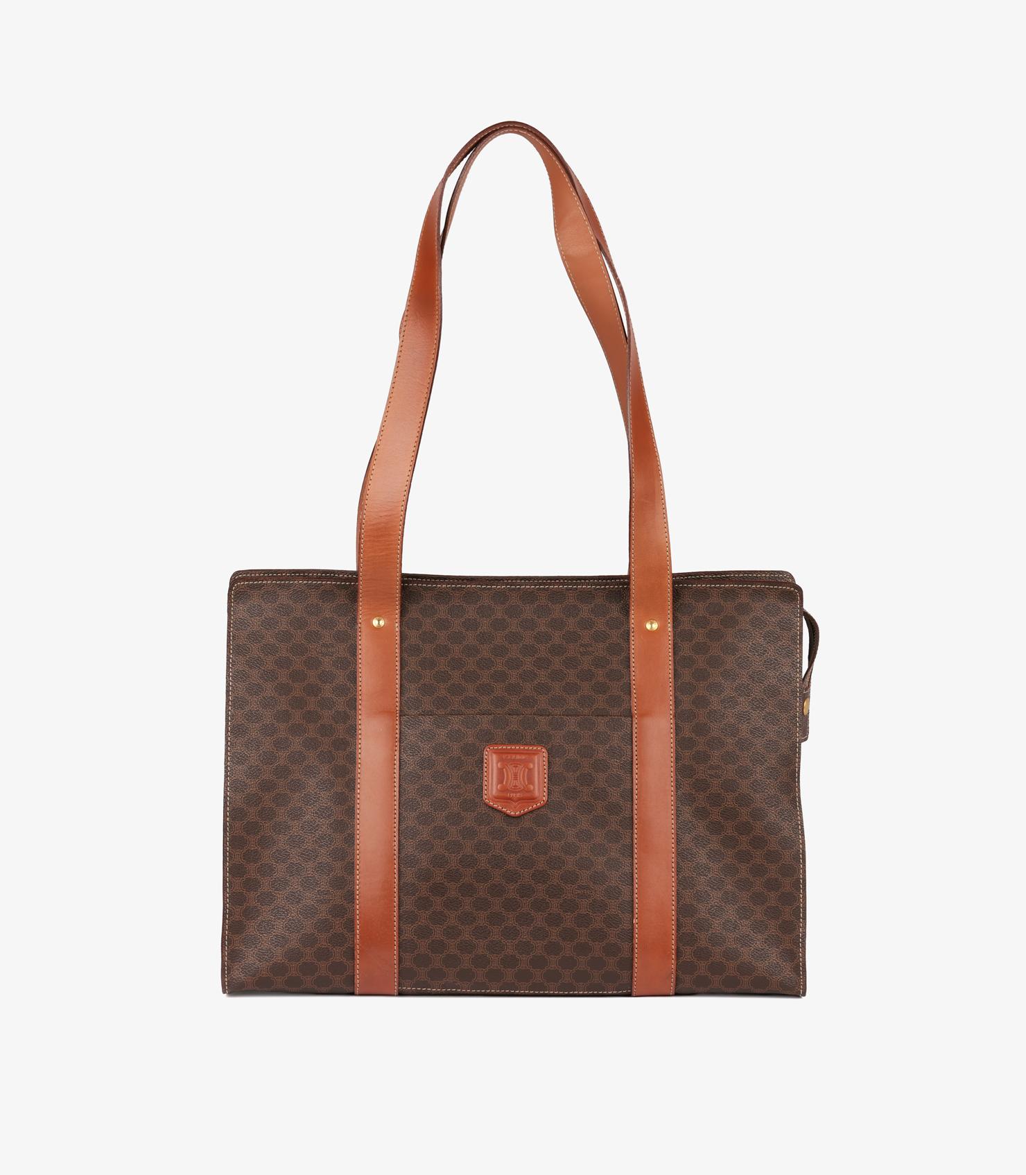 Bolso de hombro vintage Celine de lona recubierta de macadán marrón y piel de becerro