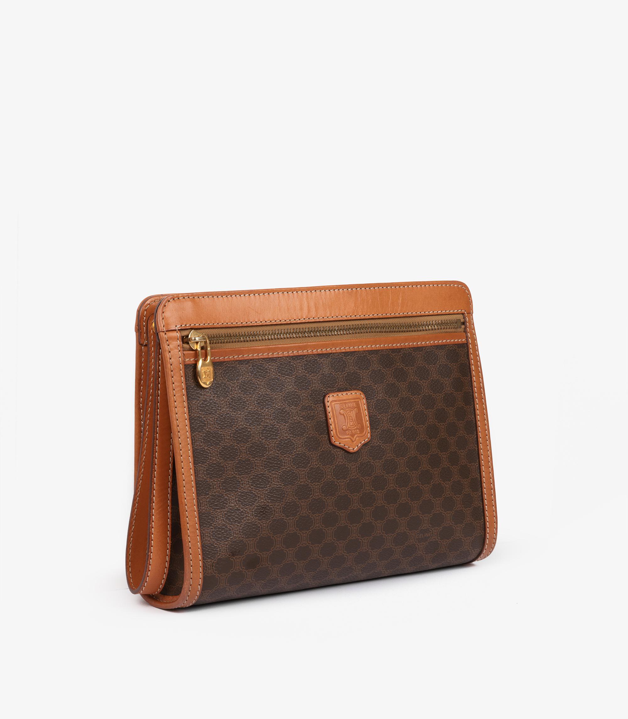 Celine Brown Macadam Monogram Coated Canvas & Calfskin Leather Vintage Wristlet In Excellent Condition For Sale In Bishop's Stortford, Hertfordshire