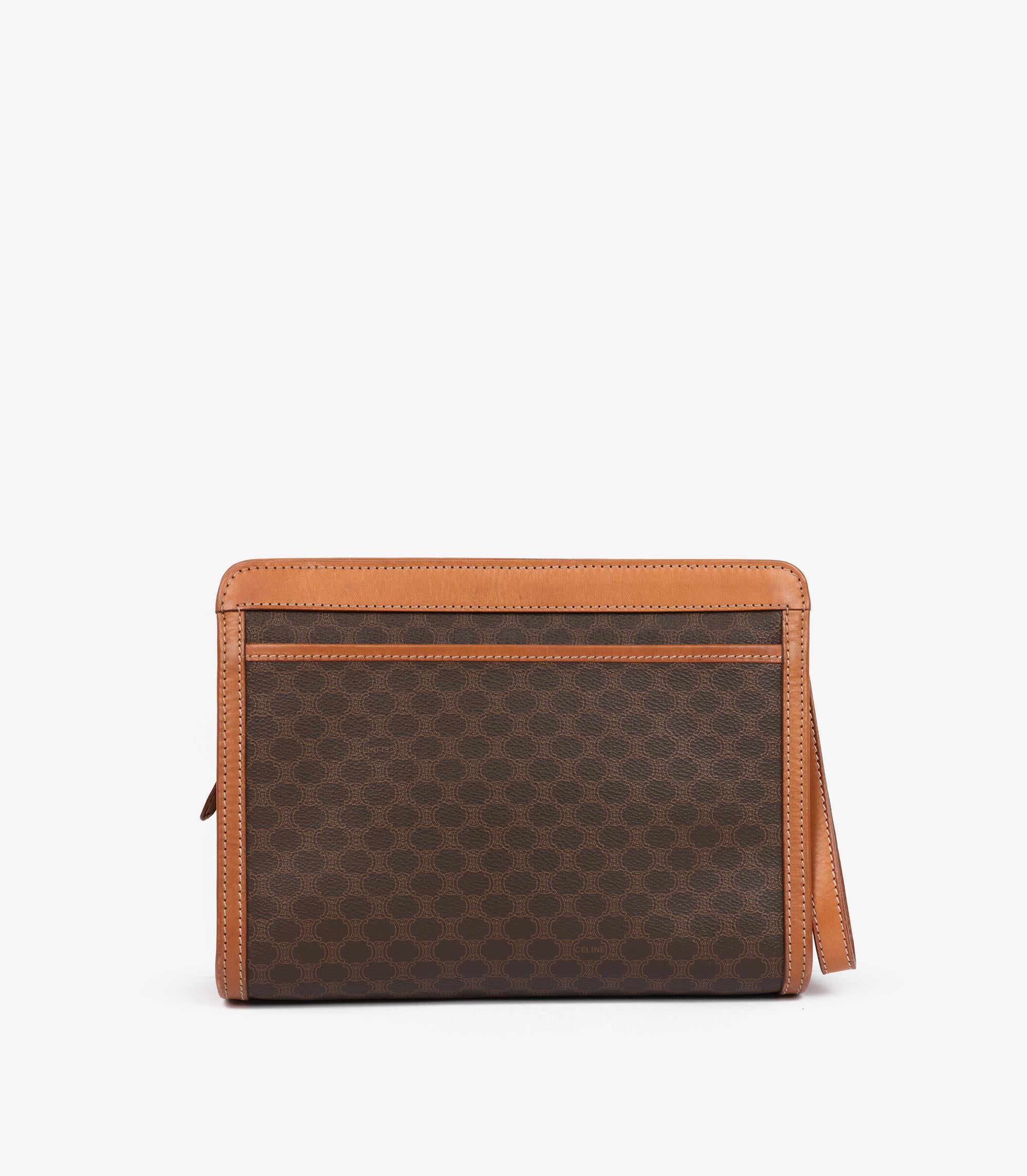 Women's or Men's Celine Brown Macadam Monogram Coated Canvas & Calfskin Leather Vintage Wristlet For Sale