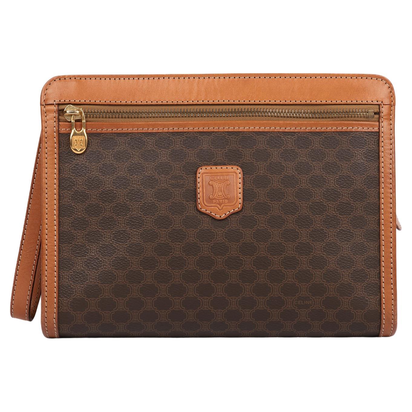 Celine Brown Macadam Monogram Coated Canvas & Calfskin Leather Vintage Wristlet For Sale