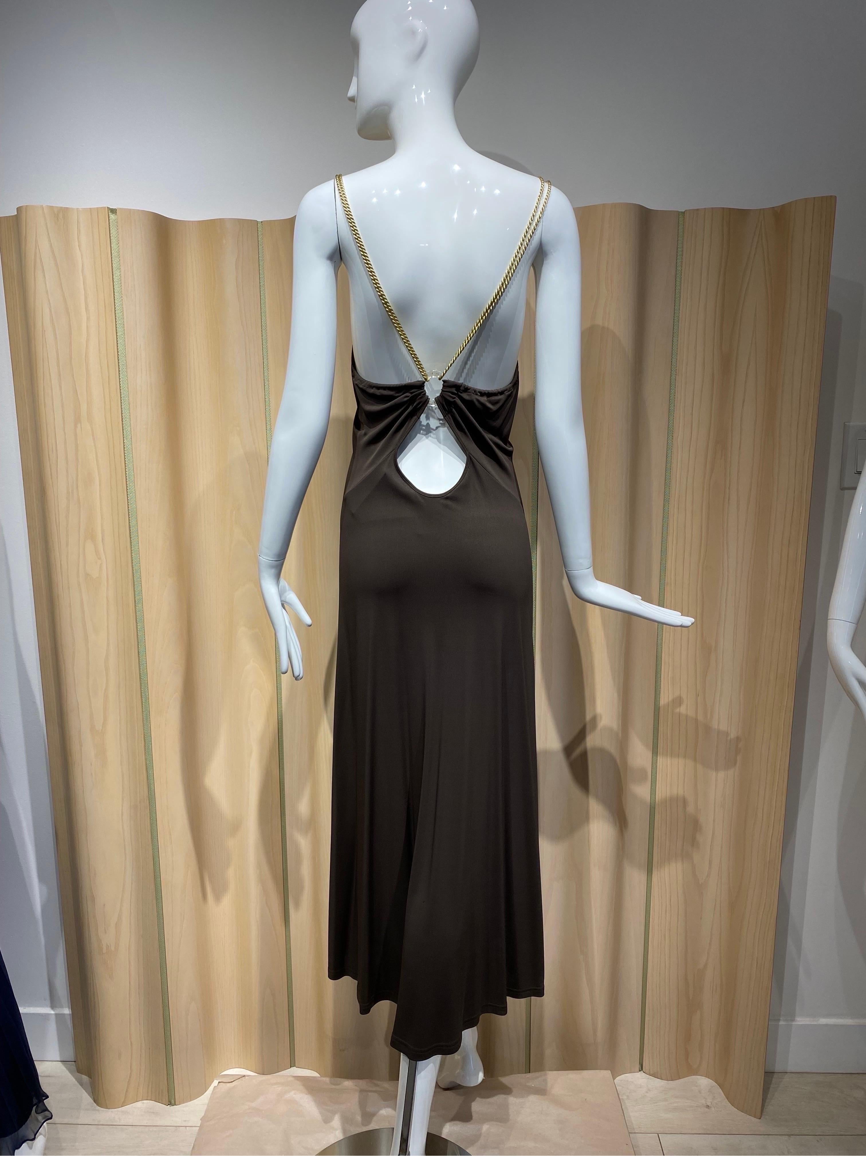Celine Brown Matte Jersey Spaghetti Strap Dress 2