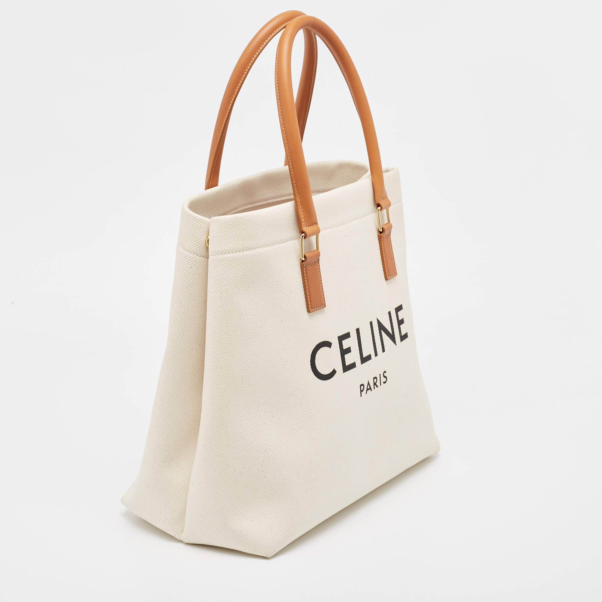 Celine Brown/Off White Canvas and Leather Vertical Cabas Tote In Good Condition In Dubai, Al Qouz 2