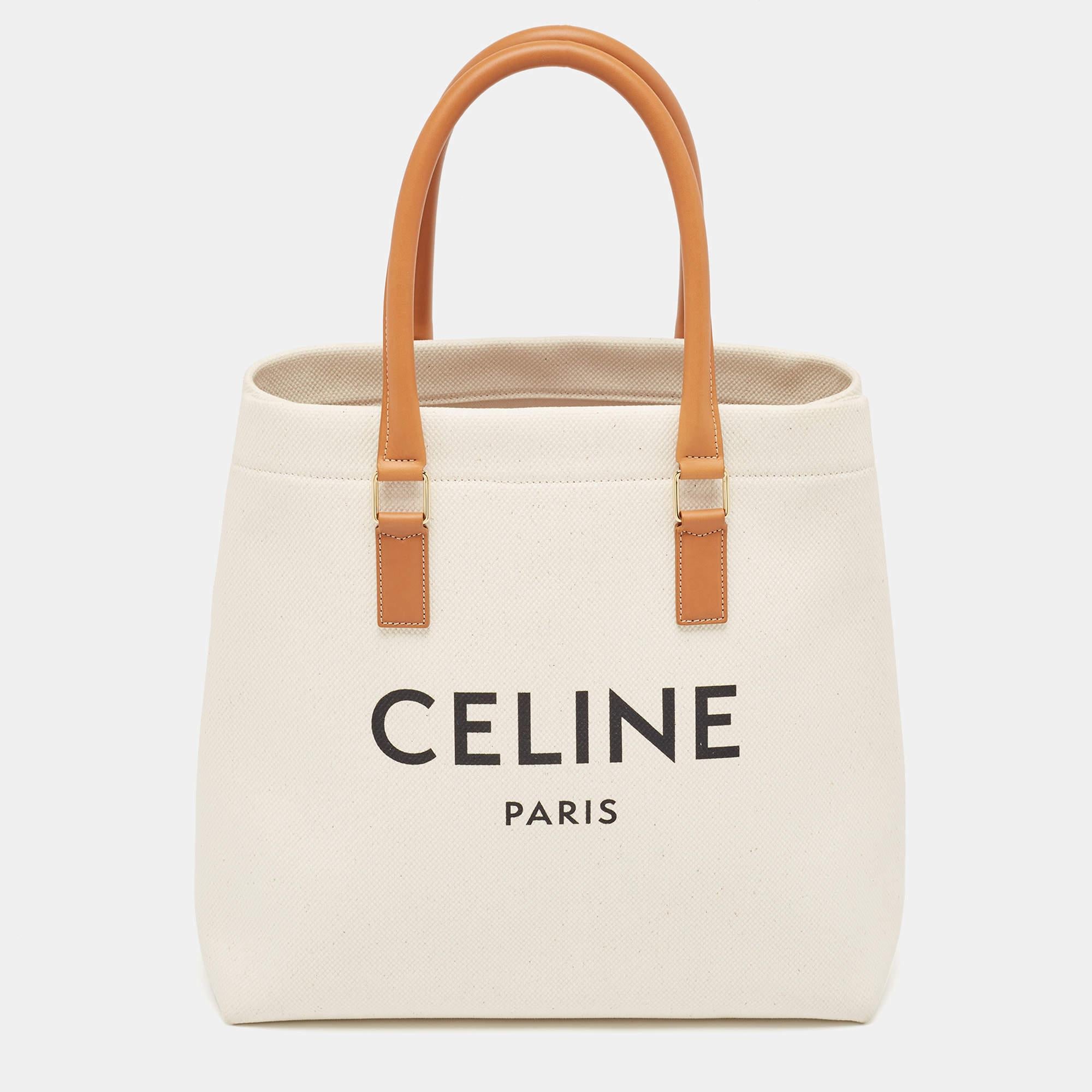 Women's Celine Brown/Off White Canvas and Leather Vertical Cabas Tote