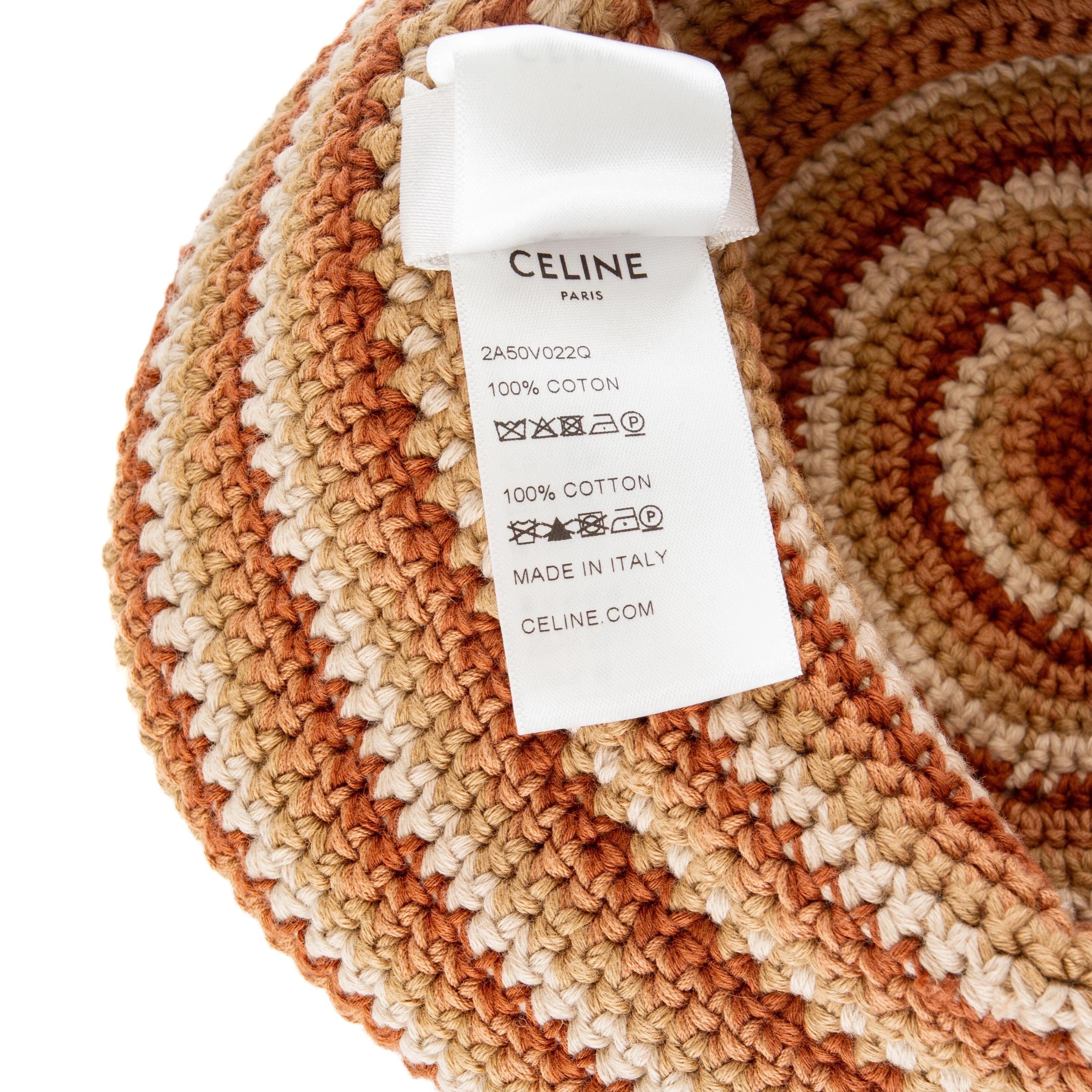 Celine Brown Striped Cotton Crochet Triomphe Bucket Hat 6