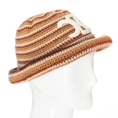 Celine Brown Striped Cotton Crochet Triomphe Bucket Hat