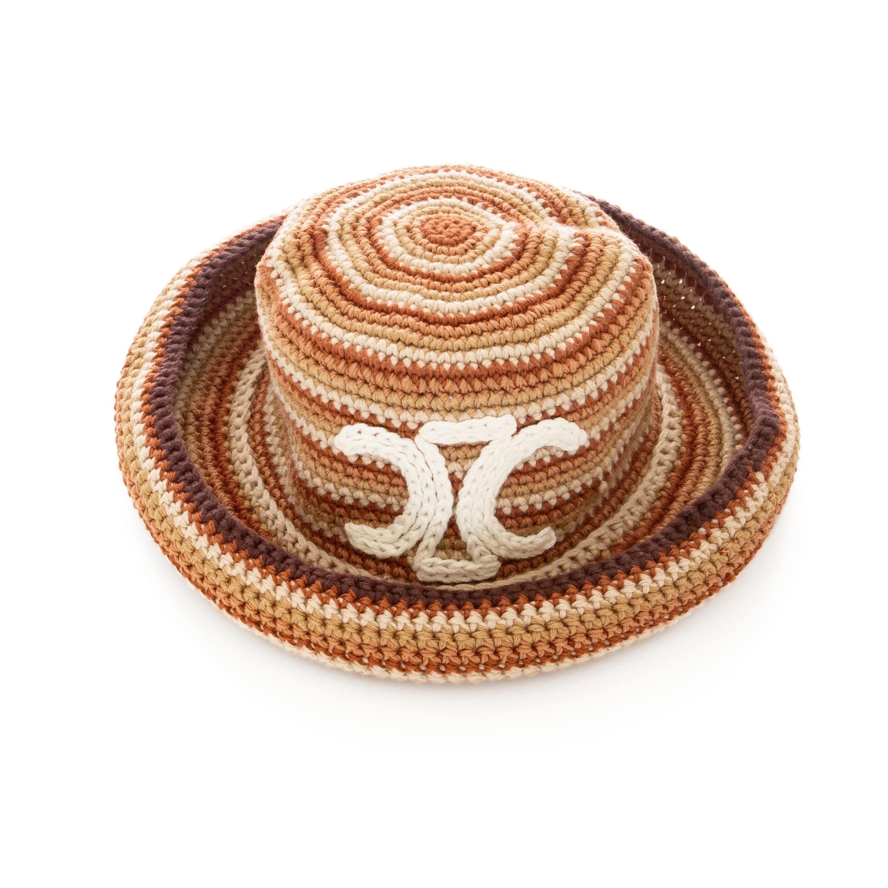 Beige Celine Brown Striped Cotton Crochet Triomphe Bucket Hat