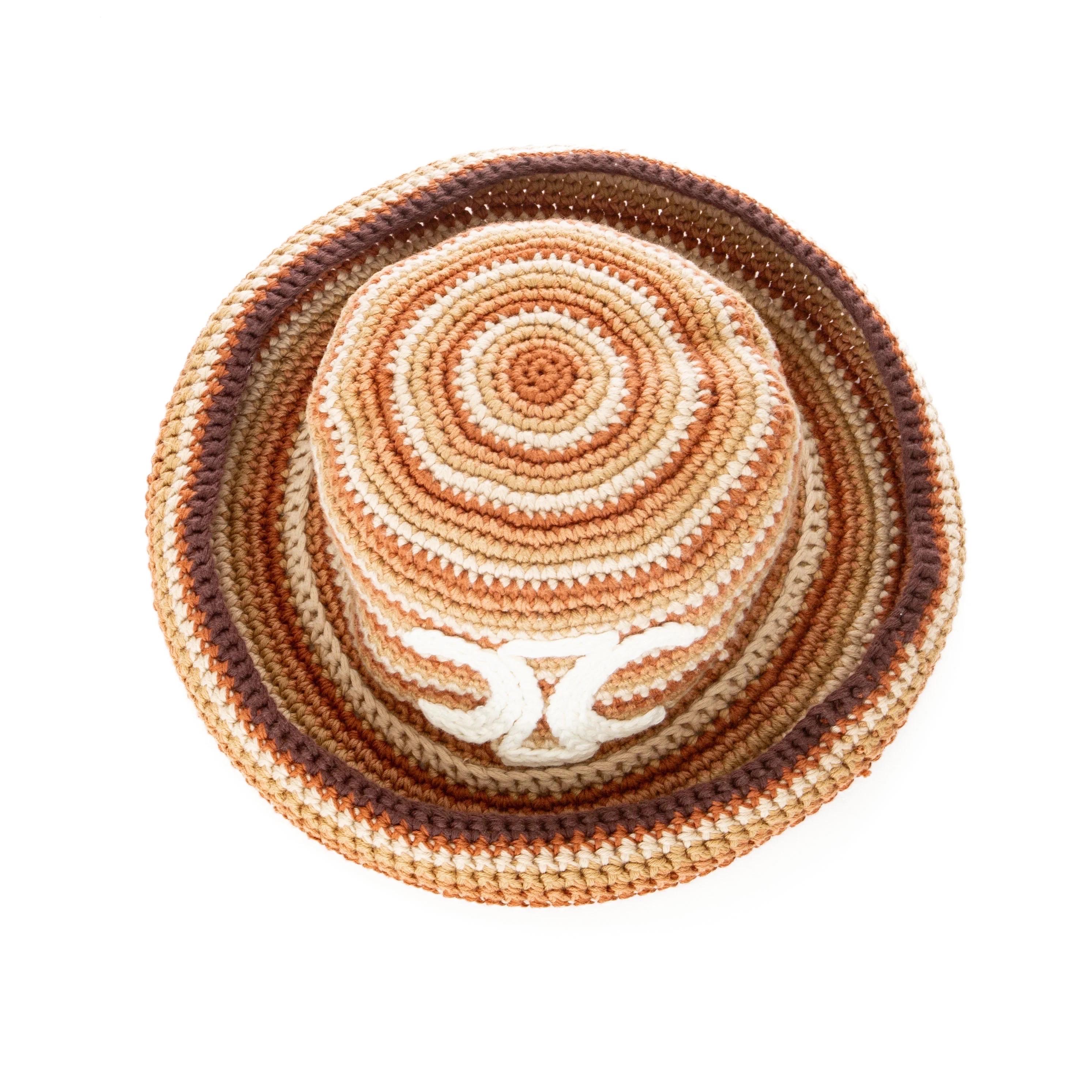 Celine Brown Striped Cotton Crochet Triomphe Bucket Hat In Excellent Condition In Woodland Hills, CA
