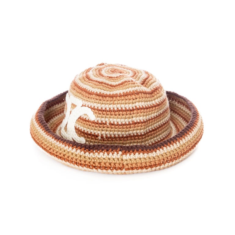 Celine Triomphe Crochet Bucket Hat Celine Brown Striped Cotton Crochet Triomphe Bucket Hat at  main image 4
